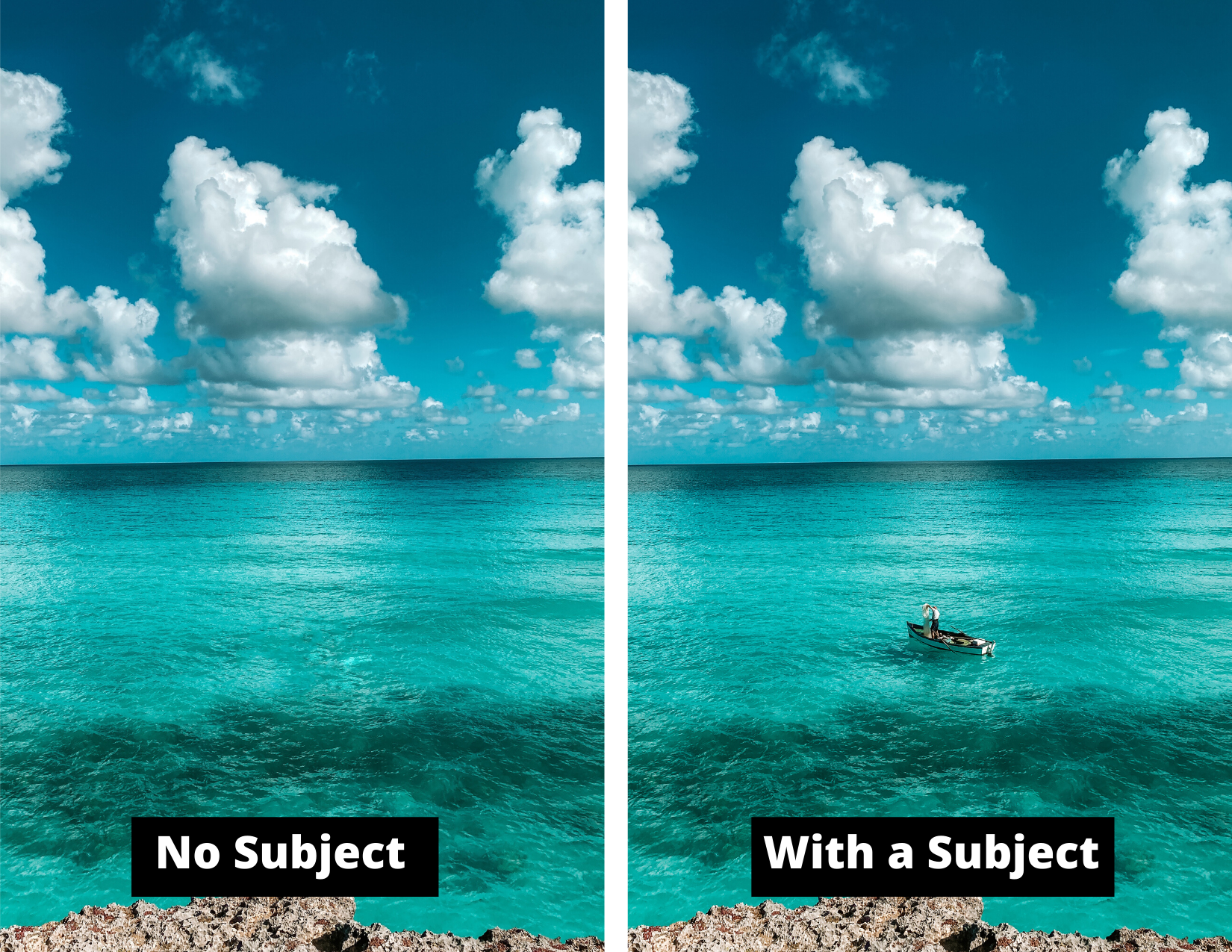 Picture of a fisherman in the ocean in Varadero, Cuba. One picture has no fisherman just the sky &amp; water &amp; the other is the same but with the fisherman.