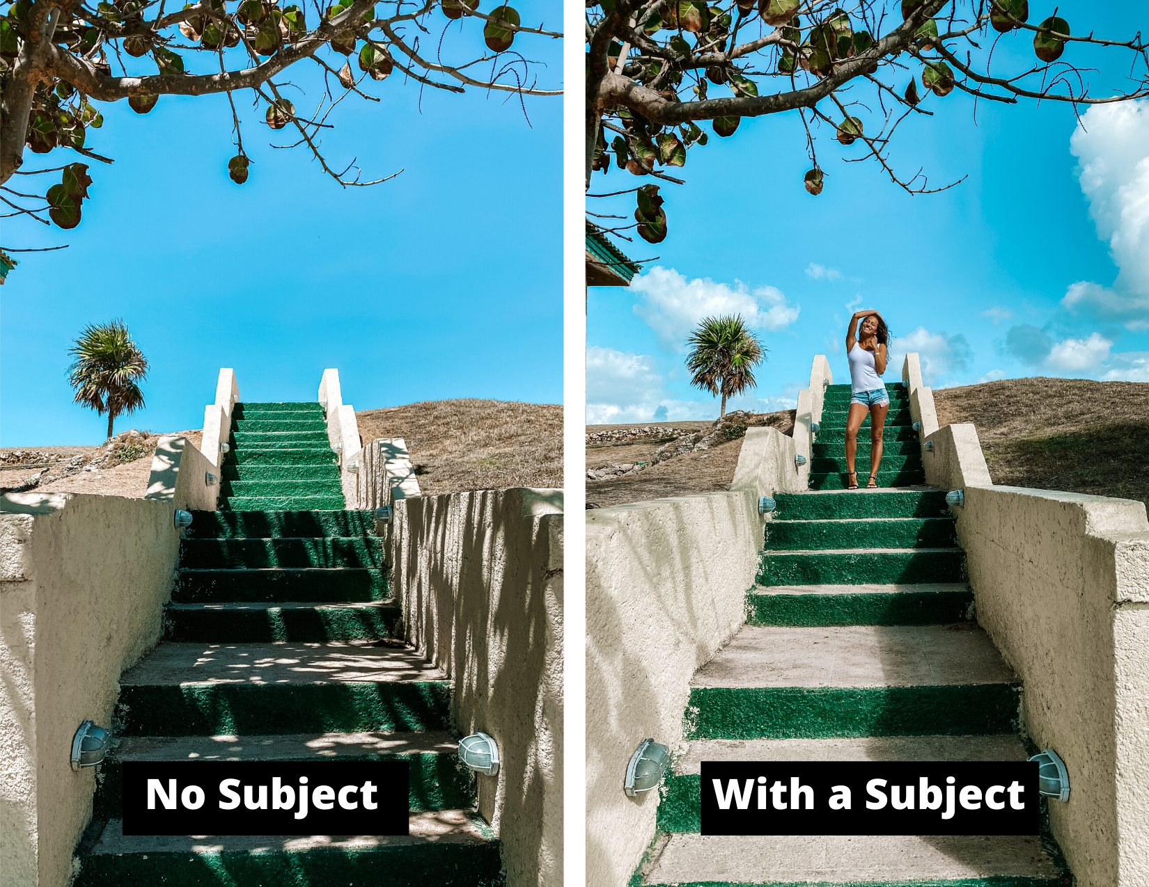 Two pictures side by side of white &amp; green snow stairs &amp; a blue sky. One photo has a women in the middle of the stairs the other does not.