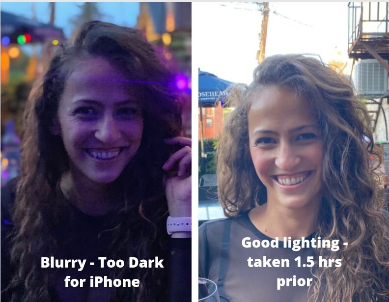 Bad lighting on iphone example. two pictures of the same women on a bar patio. 