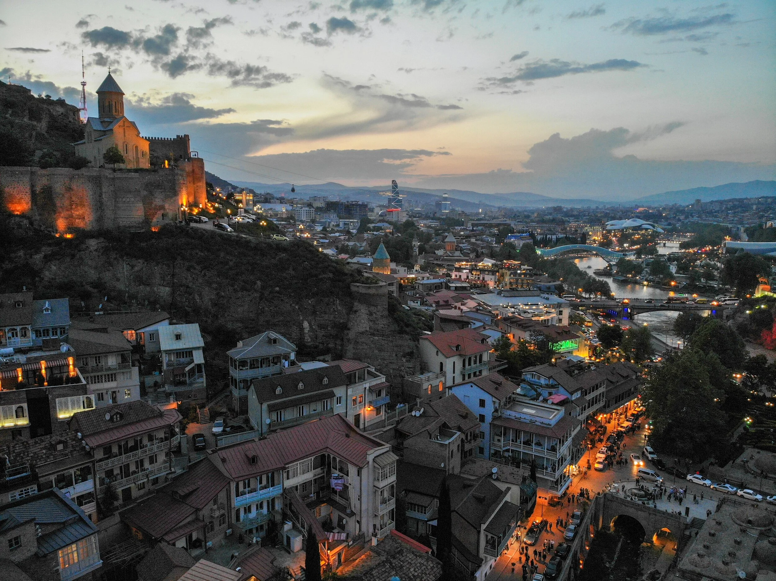 Aerial view of Tbilisi Georgia during sunset.