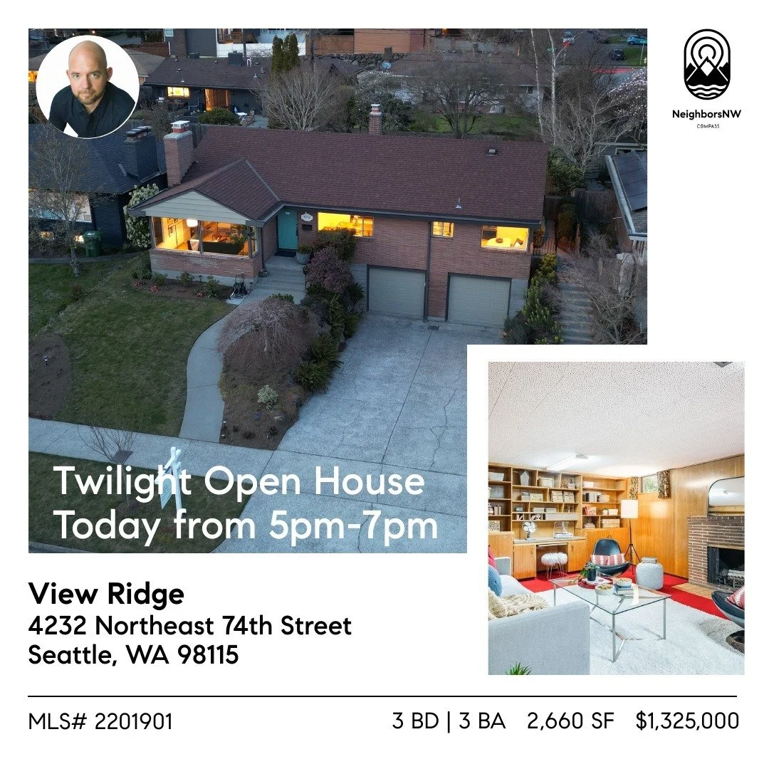 Twilight Open House Today from 5pm-7pm!

*Link in bio

Welcoming 1958 mid-century gem nestled in coveted View Ridge! This 3bd | 2.25ba, 2,660 sqft home boasts a very desirable floor plan with 3 main floor bedrooms, 1 full bath &amp; ensuite 3/4 bath.