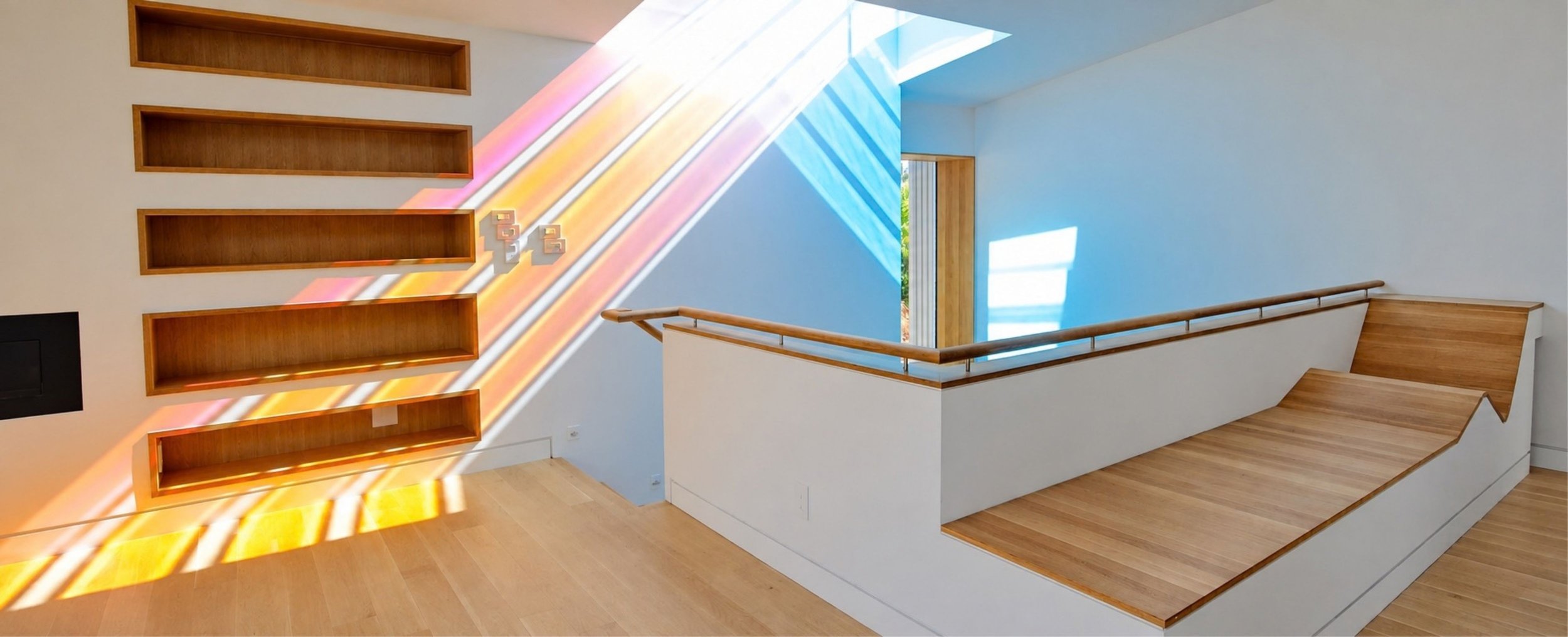 Modern Hawthorne Hills home interior with a dichroic skylight casting colorful light across the walls and wood floors