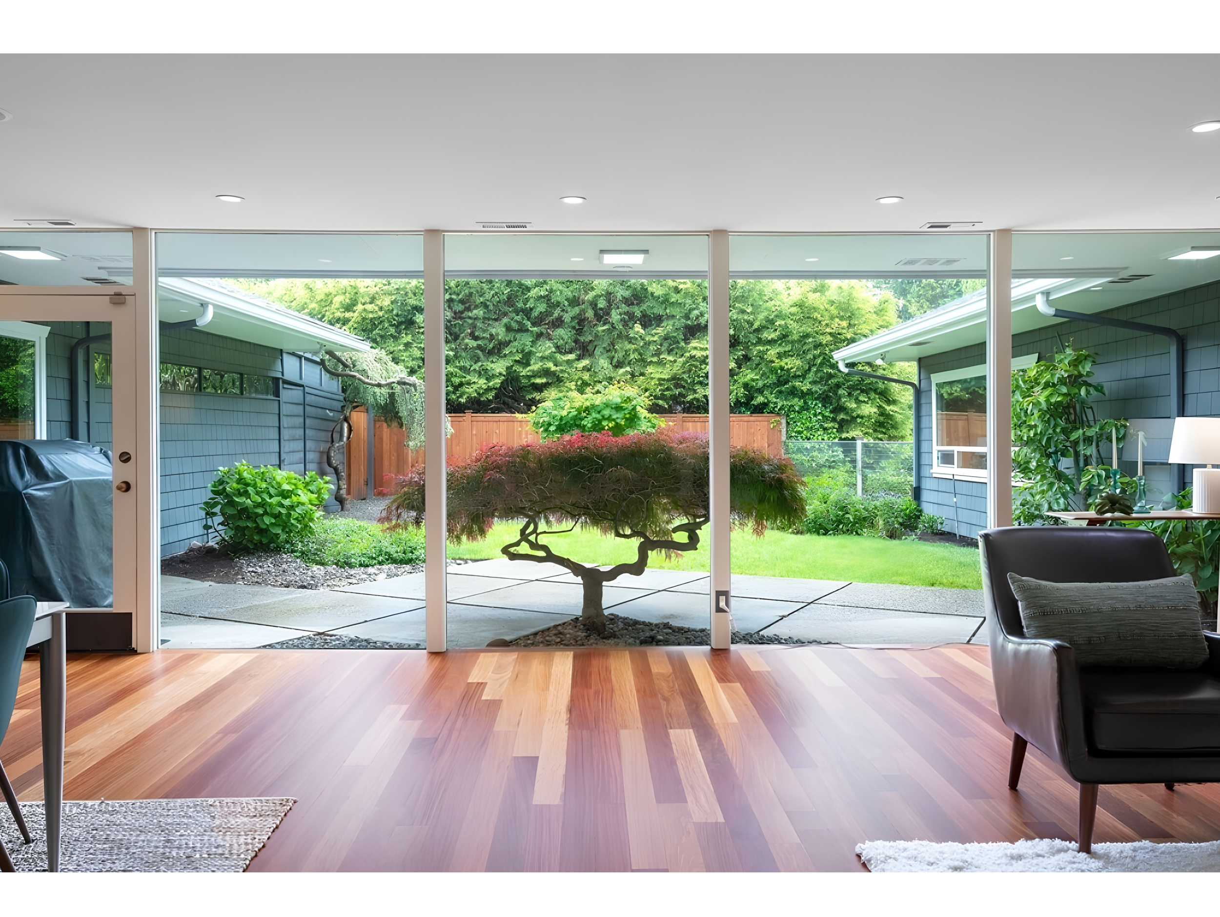Living room with hardwood floors and sliding glass doors opening to a landscaped garden