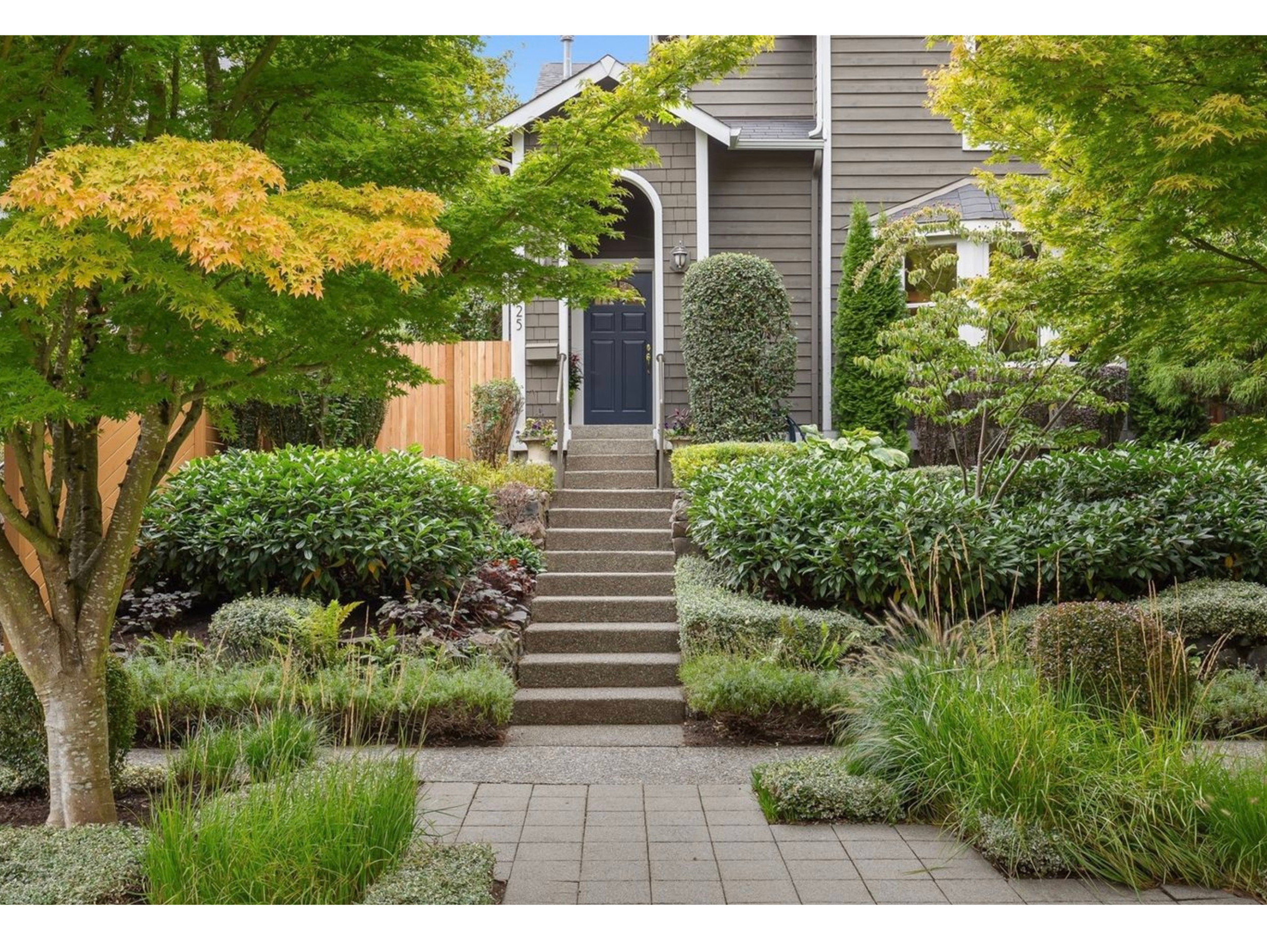 Landscaped front entry with concrete steps, mature greenery, and a dark blue front door in Ravenna