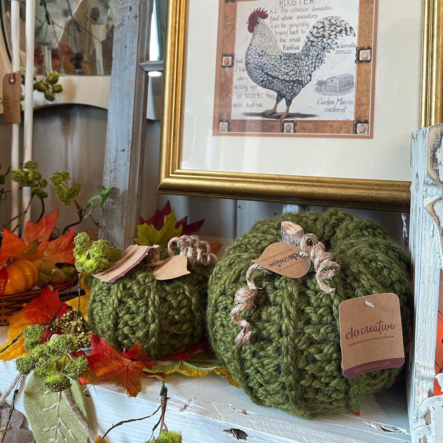 I stepped out of my comfort zone and asked a local shop if they would be interested in selling my handmade crocheted pumpkins. They said yes!! 
I stopped by the shop this morning. It was so fun to see my handiwork sprinkled all around the shop. 

Thi