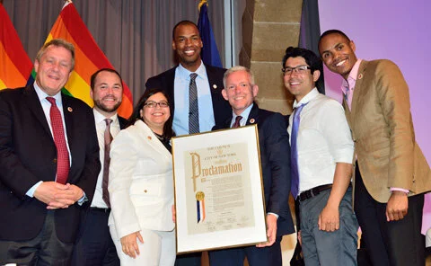 Jason Collins of the Brooklyn Nets with the Council’s lesbian and gay caucus: Members Daniel Dromm, Corey Johnson, Rosie Mendez, Jimmy Van Bramer, Carlos Menchaca, and Ritchie Torres. | DONNA ACETO