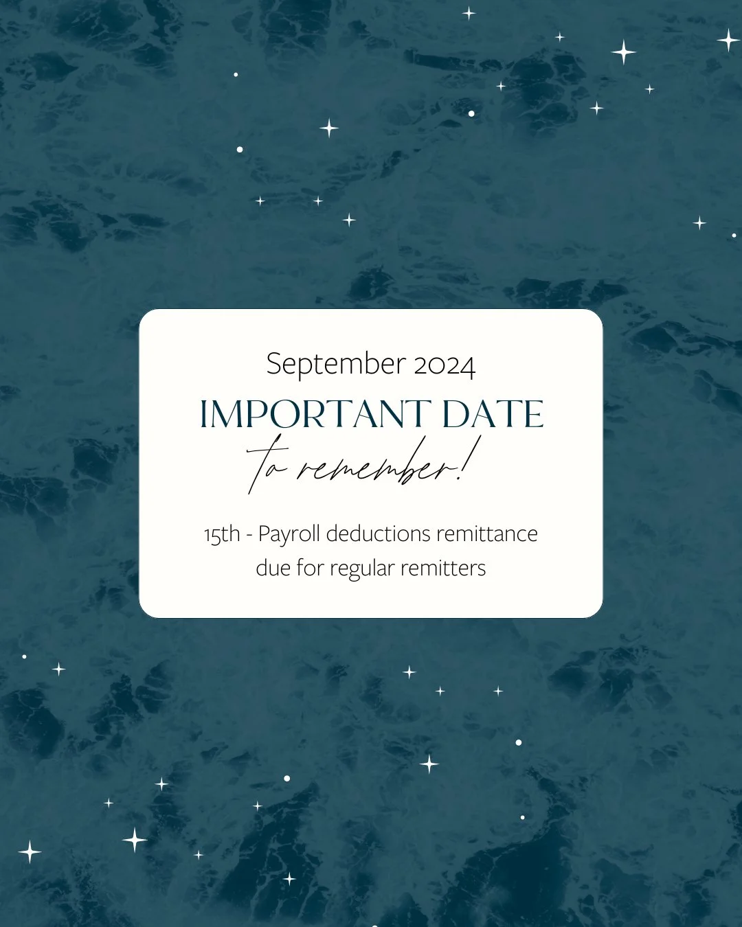 September 2024:⁠
15th - Payroll deductions remittance due for regular remitters⁠
⁠
Every month, we keep track of important bookkeeping deadlines so you don't have to!⁠
⁠
Interested in getting some help with your monthly bookkeeping tasks? We provide 