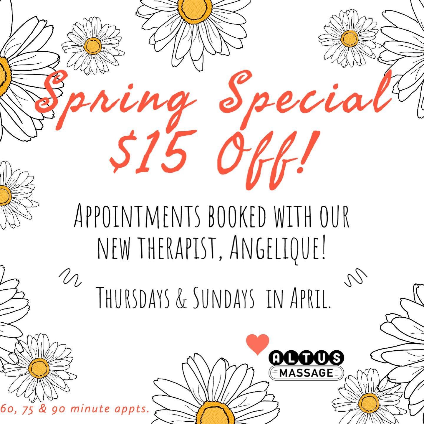 Happy Spring! (Despite the chilly morning)
We&rsquo;re thrilled to introduce you to our new therapist, Angelique! And invite you to enjoy $15 off appts booked with her through April. Come help me welcome her to Altus!

Angelique is lovely 💖 She such
