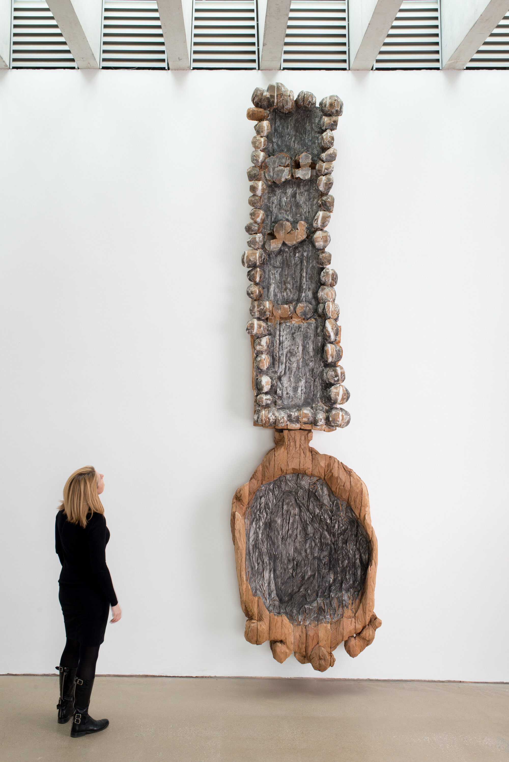       large spoon with split balls,  2006-2012 Cedar, graphite, ink, and plaster 162 x 44 x 19 in.    MORE IMAGES   Yorkshire Sculpture Park  