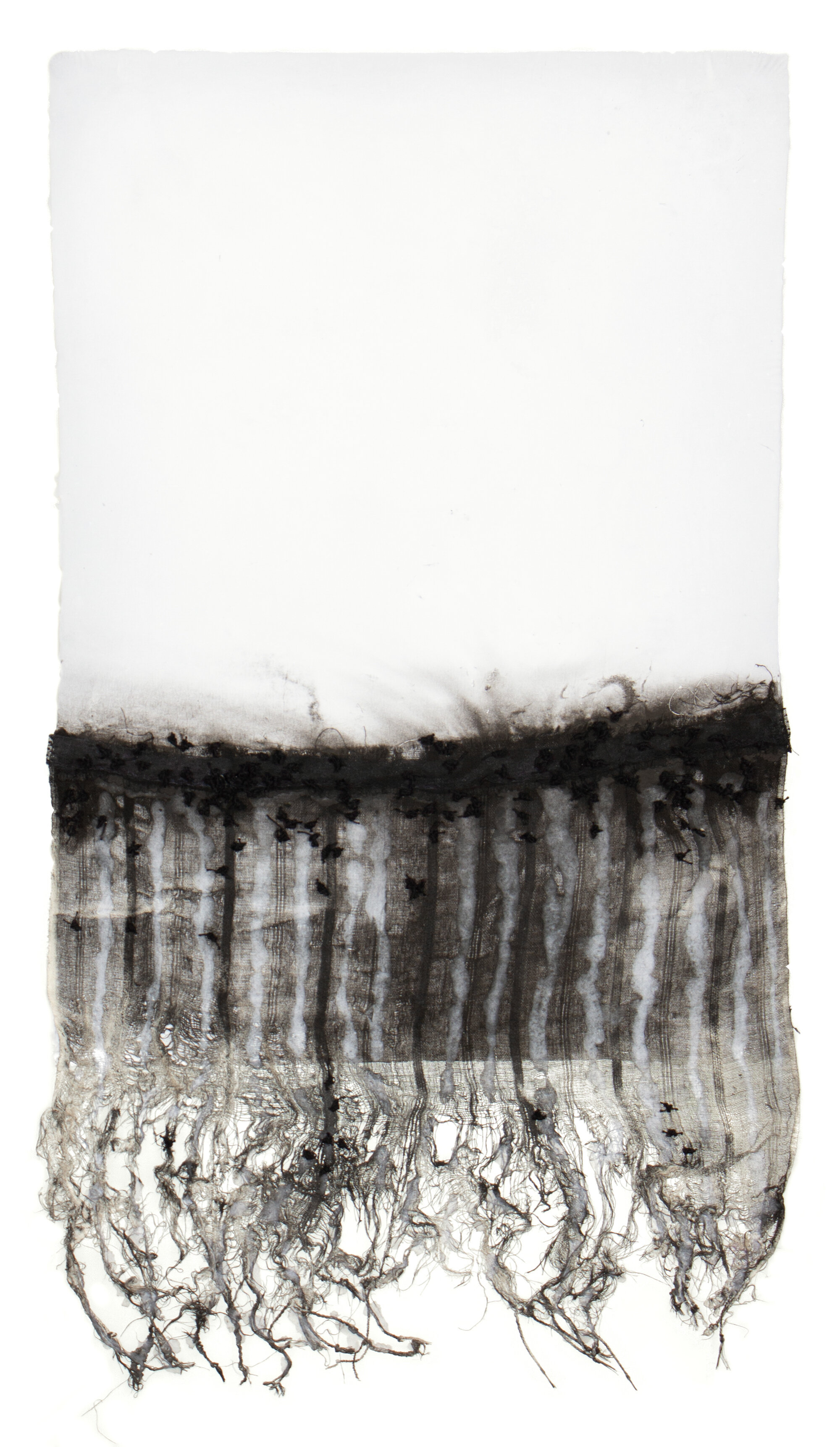   Untitled , 2019 Handmade linen paper, linen, lace, thread, and pigment 40.5 x 22.5 in. 
