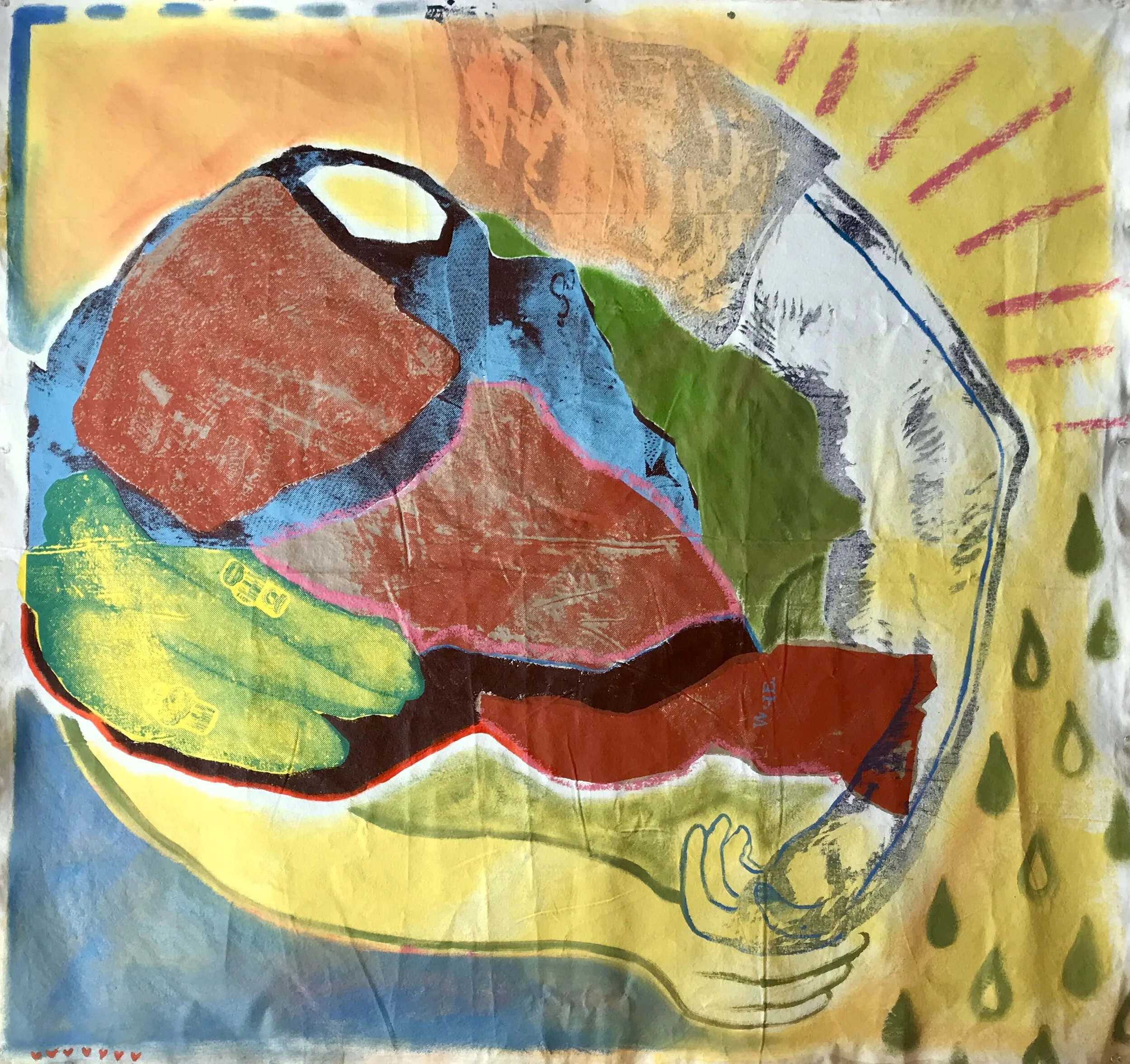   awkward embrace  48”x52”, oil, acrylic, and silkscreen on canvas. 2019.  