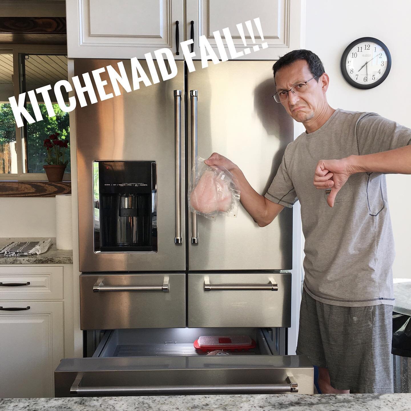 Remember that @kitchenaidusa refrigerator we waited 2 years to come in stock? It died within 2 weeks. First it started making a noise like a dual-prop airplane. Then the ice maker started dripping, followed by the ice melting. Then we started noticin