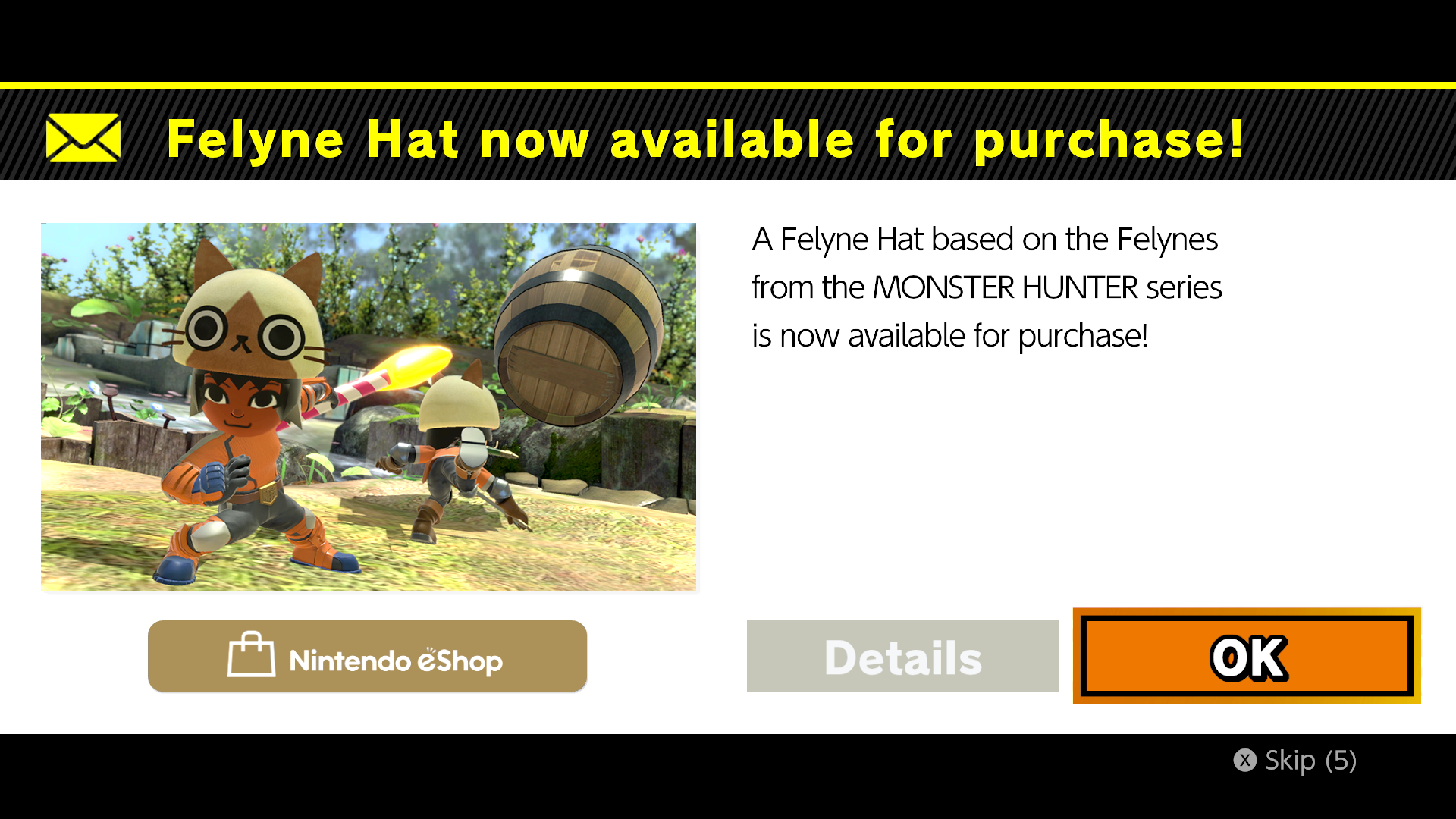 Monster Hunter themed Felyne hat costume for you Mii fighters available for purchase on the E Shop