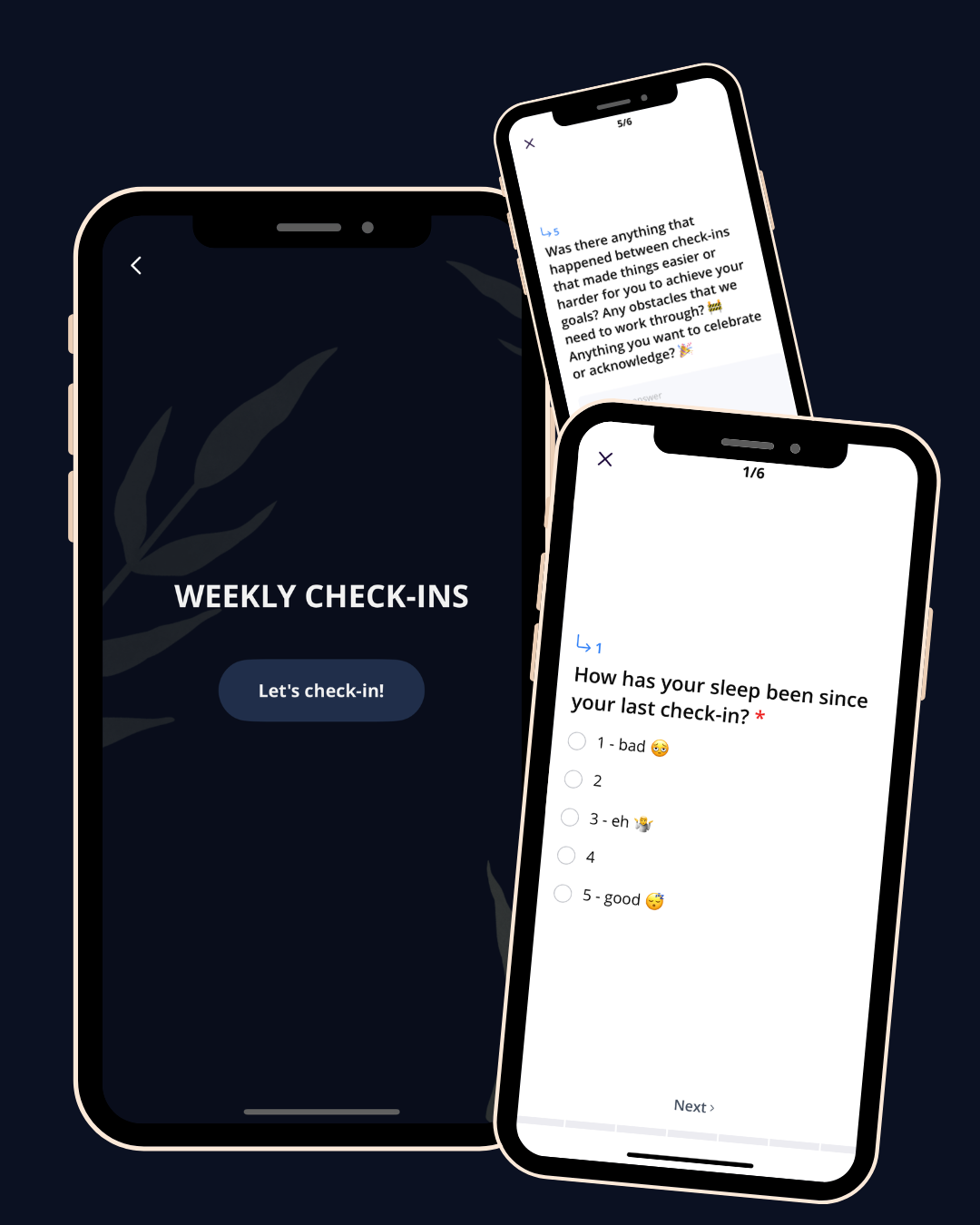 Screenshots of a mobile app interface for weekly health check-ins, displaying a welcome screen with a 'Let's check-in!' button, and sample questions about sleep and check-in experiences on two different phones.