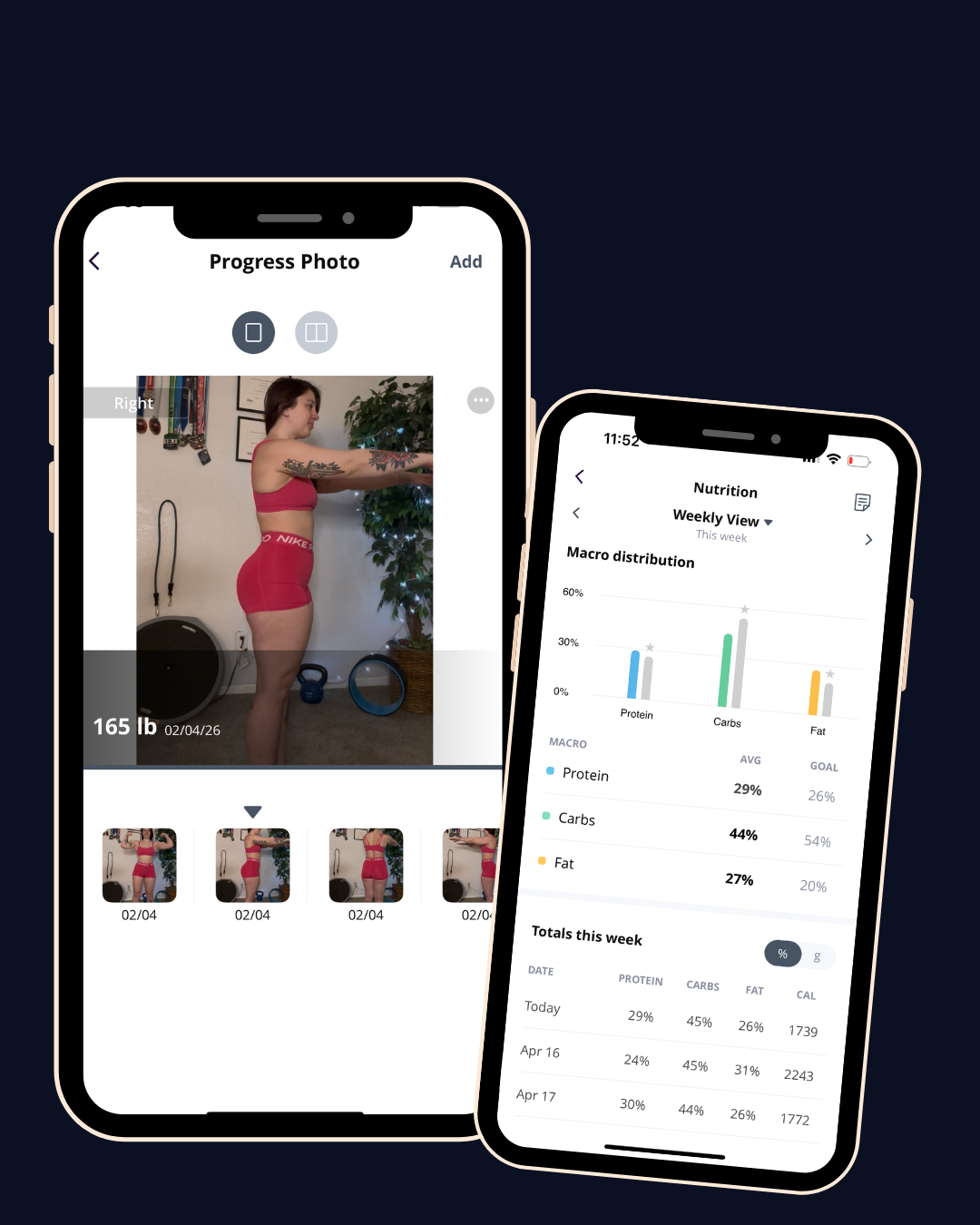 Screenshots of a fitness journey showing a woman in workout clothes taking a progress photo and a nutrition tracking app with macro distribution and weekly data.