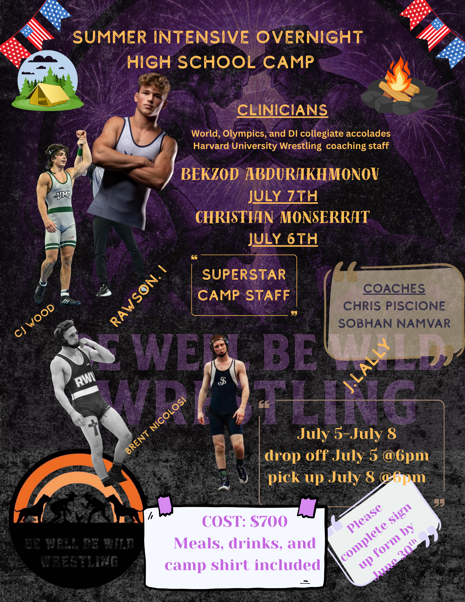 Promotional poster for summer intensive overnight high school wrestling camp with dates, coaches, registration details, price, and camp mascot logo.