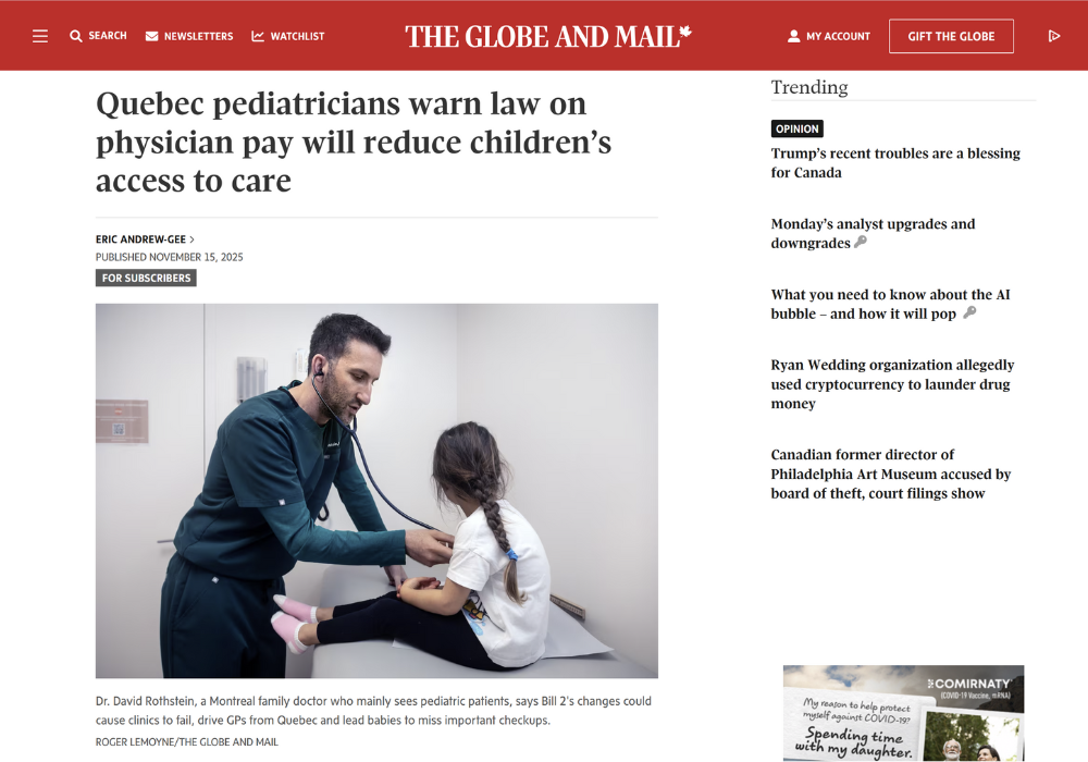 Quebec pediatricians warn law on physician pay will reduce children’s access to care