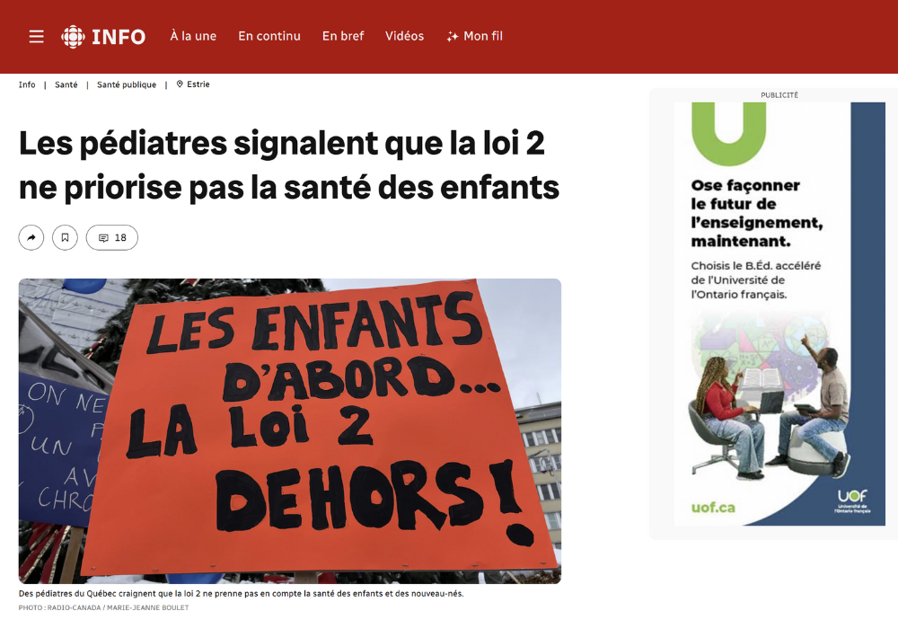 Les pédiatres signalent que la loi 2 ne priorise pas la santé des enfants