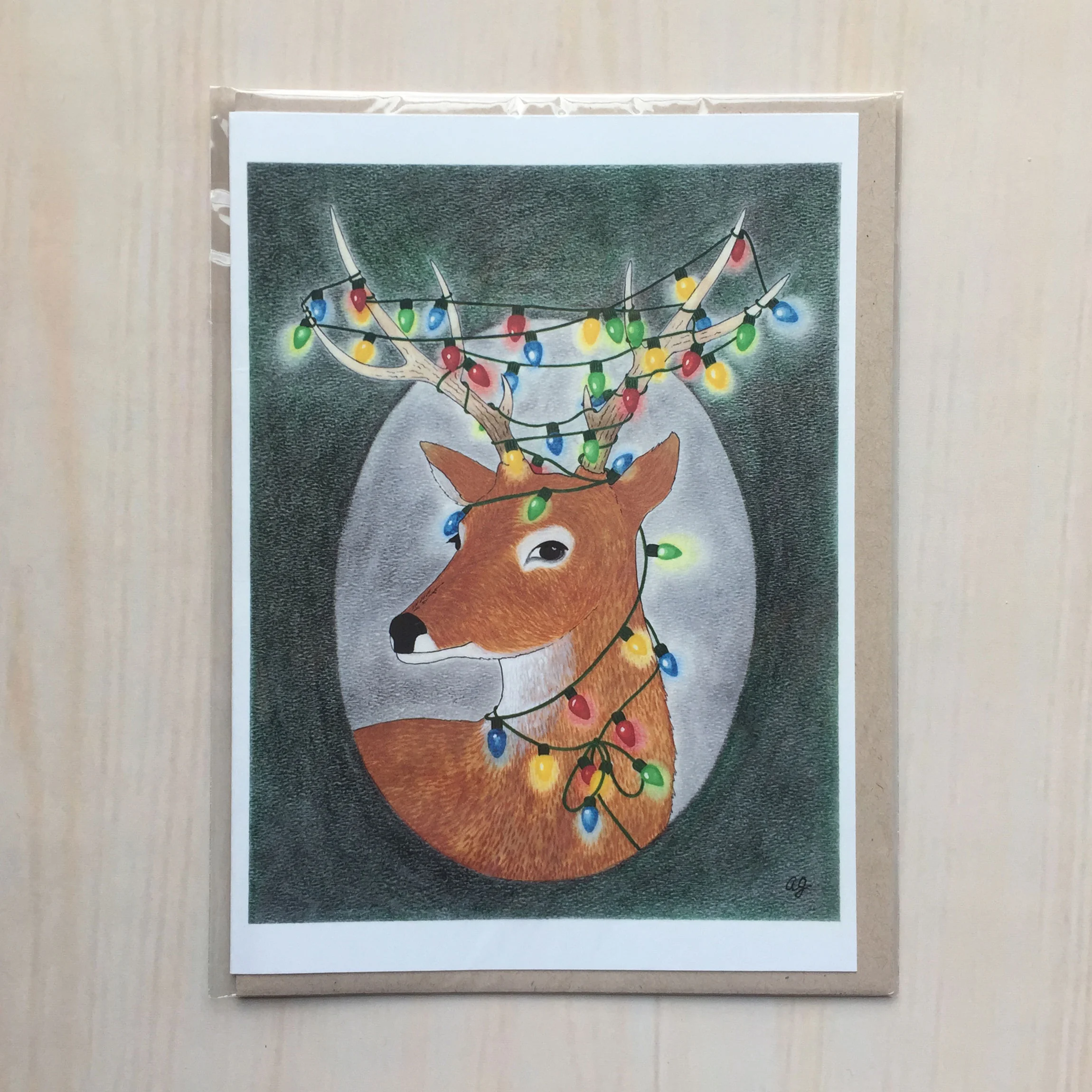 Festive Deer Size: 5”x7” Printing: digital Inside: blank Envelope: rustic brown