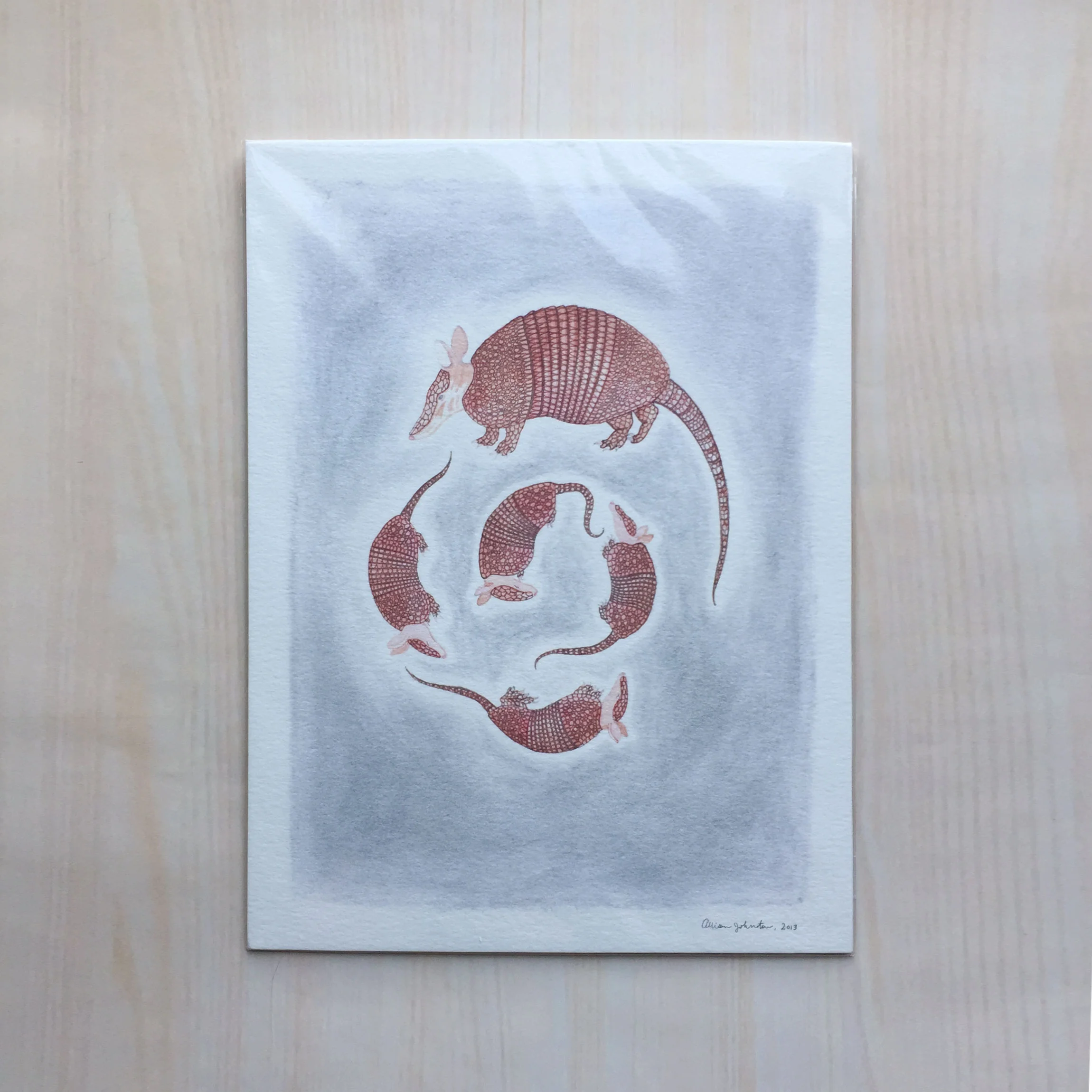 Armadillos Size: 9”x12" Printing: digital Paper: watercolor Original Medium: mixed Editions: open