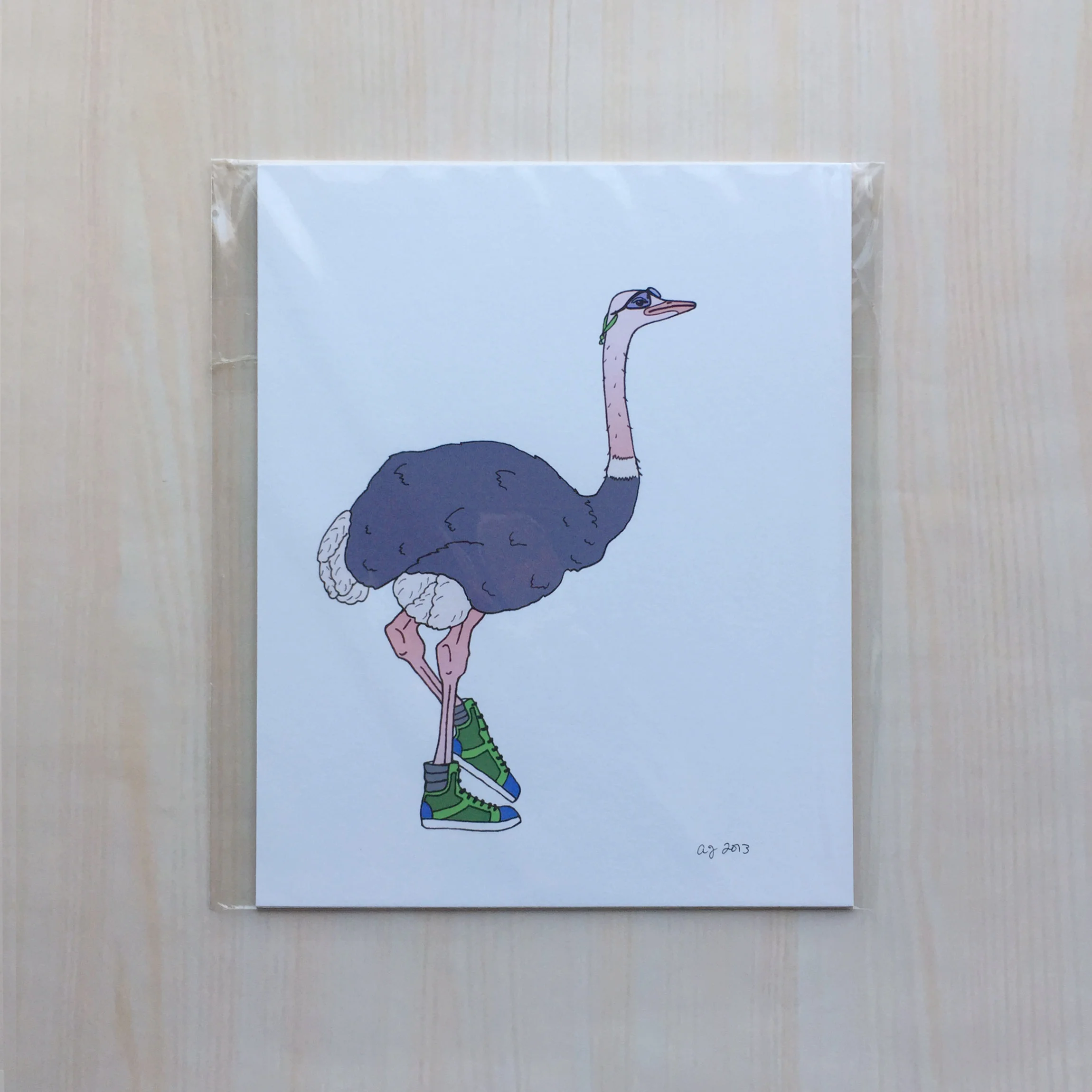 Animals on the Run: Ossie the Ostrich Size: 8"x10" Printing: digital Paper: bristol Original Medium: ink & digital Editions: open