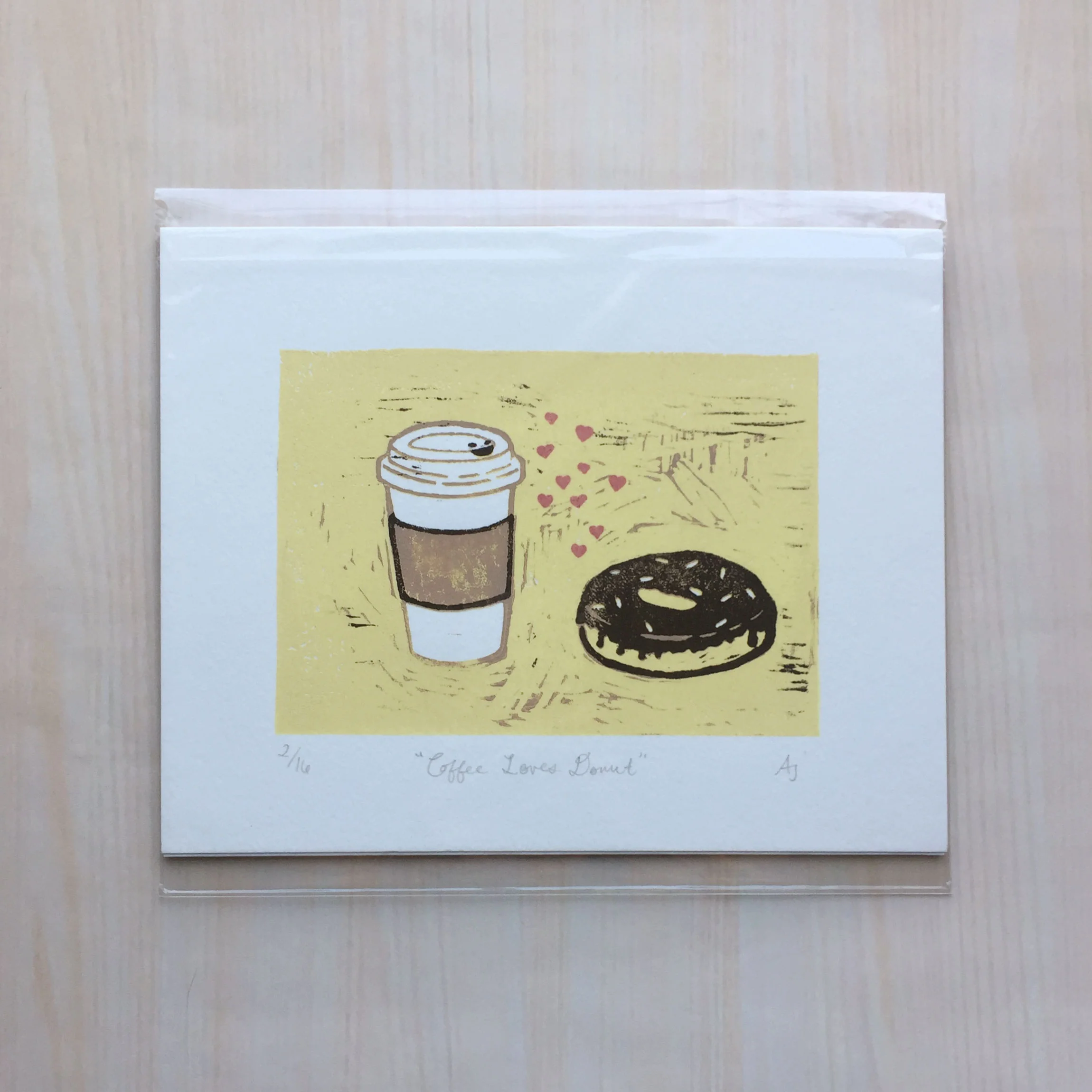 Coffee Loves Donut Size: 8”x10” Printing: block print Paper: bristol Editions: limited to 16 (suicide print)