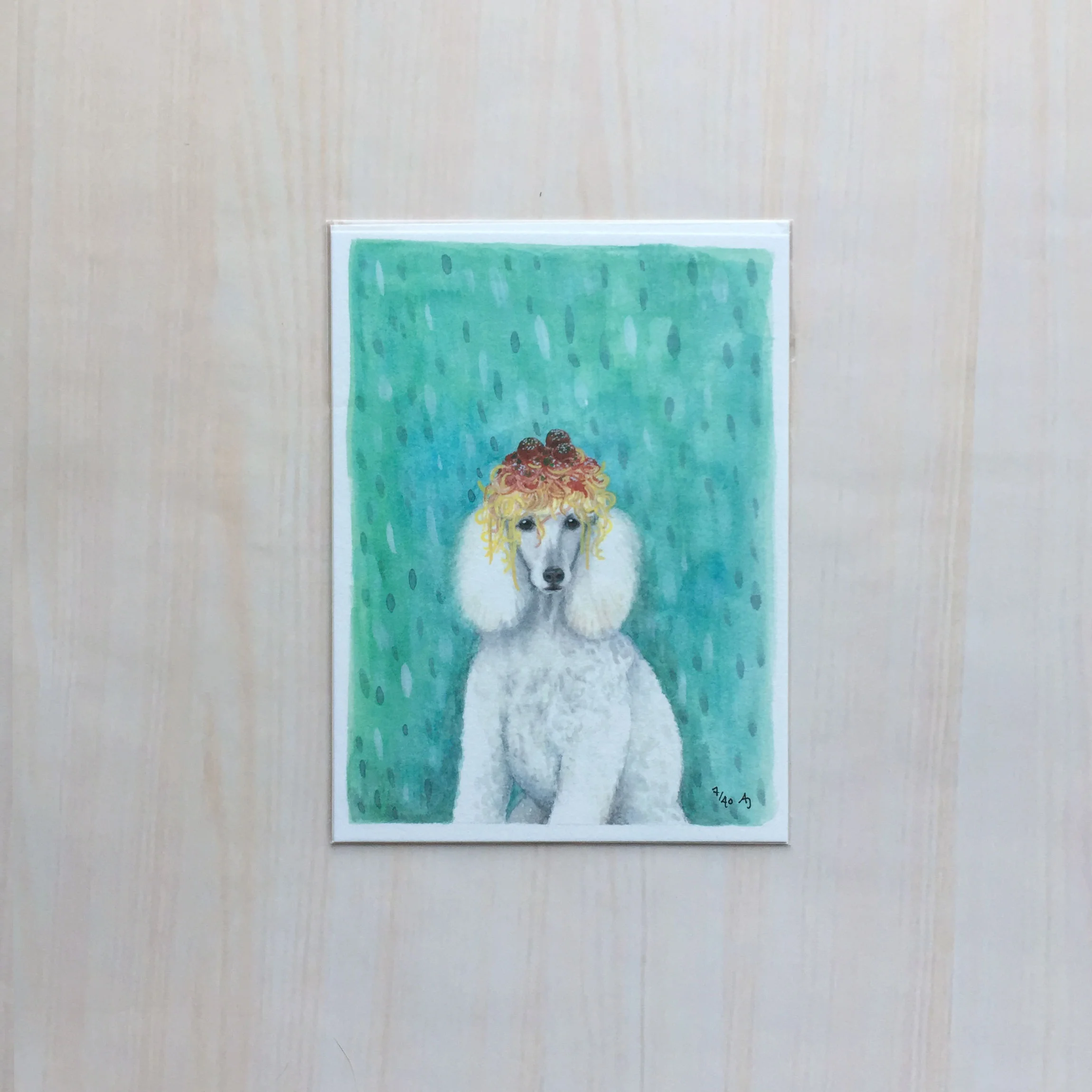 Noodle Poodle Size: 5.5”x7.5" Printing: digital Paper: velvet Original Medium: gouache Editions: limited to 40
