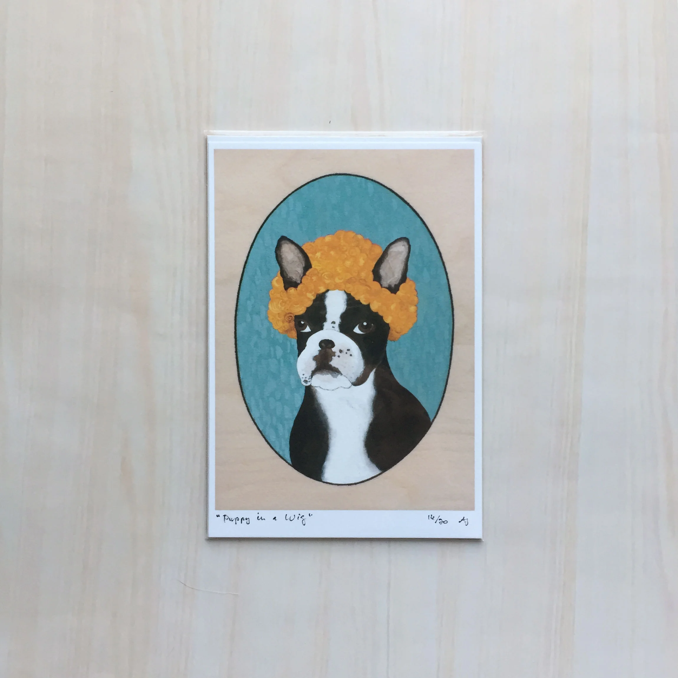 Puppy in a Wig Size: 5.5”x8" Printing: digital Paper: velvet Original Medium: gouache & ink Editions: limited to 20