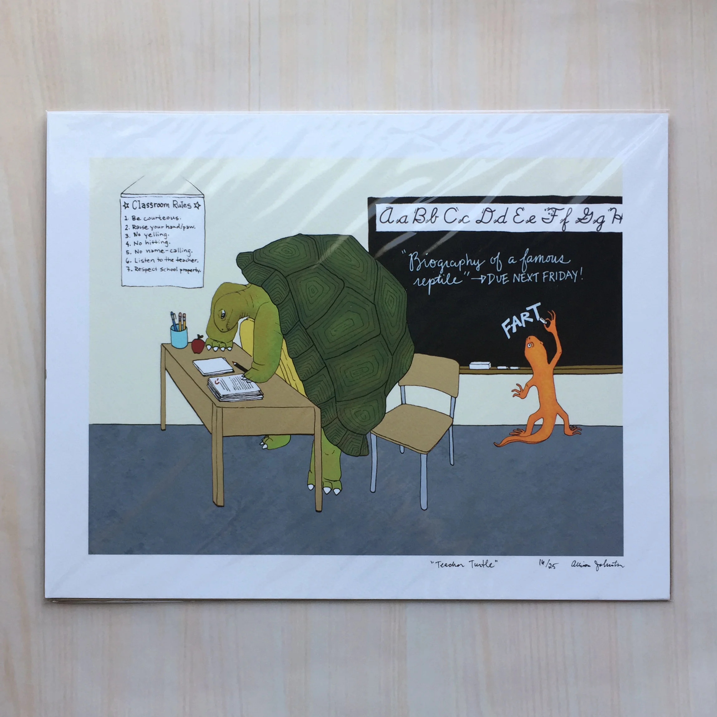 Teacher Turtle Size: 11”x14” Printing: digital Paper: velvet Original Medium: ink & digital Editions: limited to 25