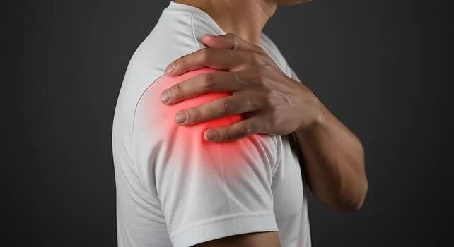 Anatomical graphic highlighting shoulder pain and rotator cuff irritation treated at Indy Spine and Rehab in Carmel, Indiana.
