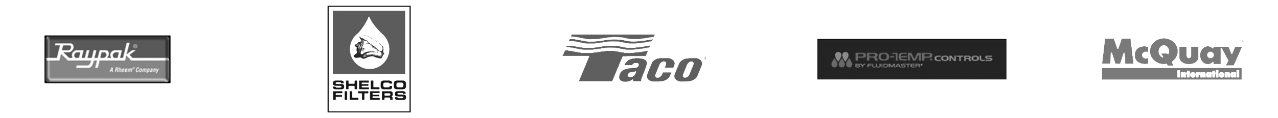 Raypak, Shelco Filters, Taco Comfort, Pro Temp Controls, and McQuay International Logos