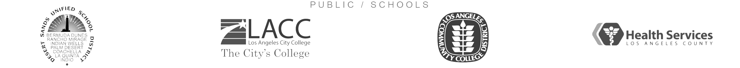 Public / Schools: Desert Sands Unified School District, Los Angeles City College, Los Angeles Community College District, and Los Angeles County Department of Health Services Logos