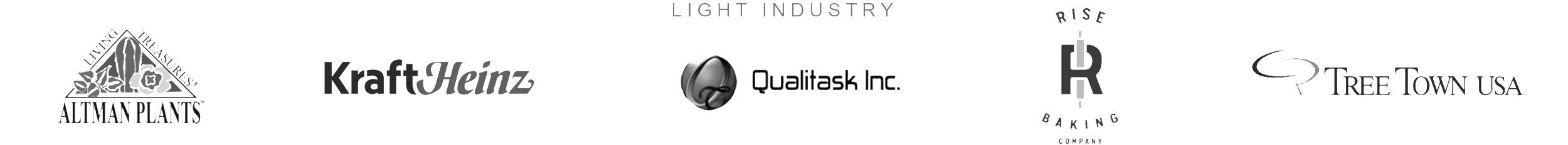 Light Industry: Altman Plants, KraftHeinz, Qualitask Inc., Rise Baking Company, and Tree Town USA Logos