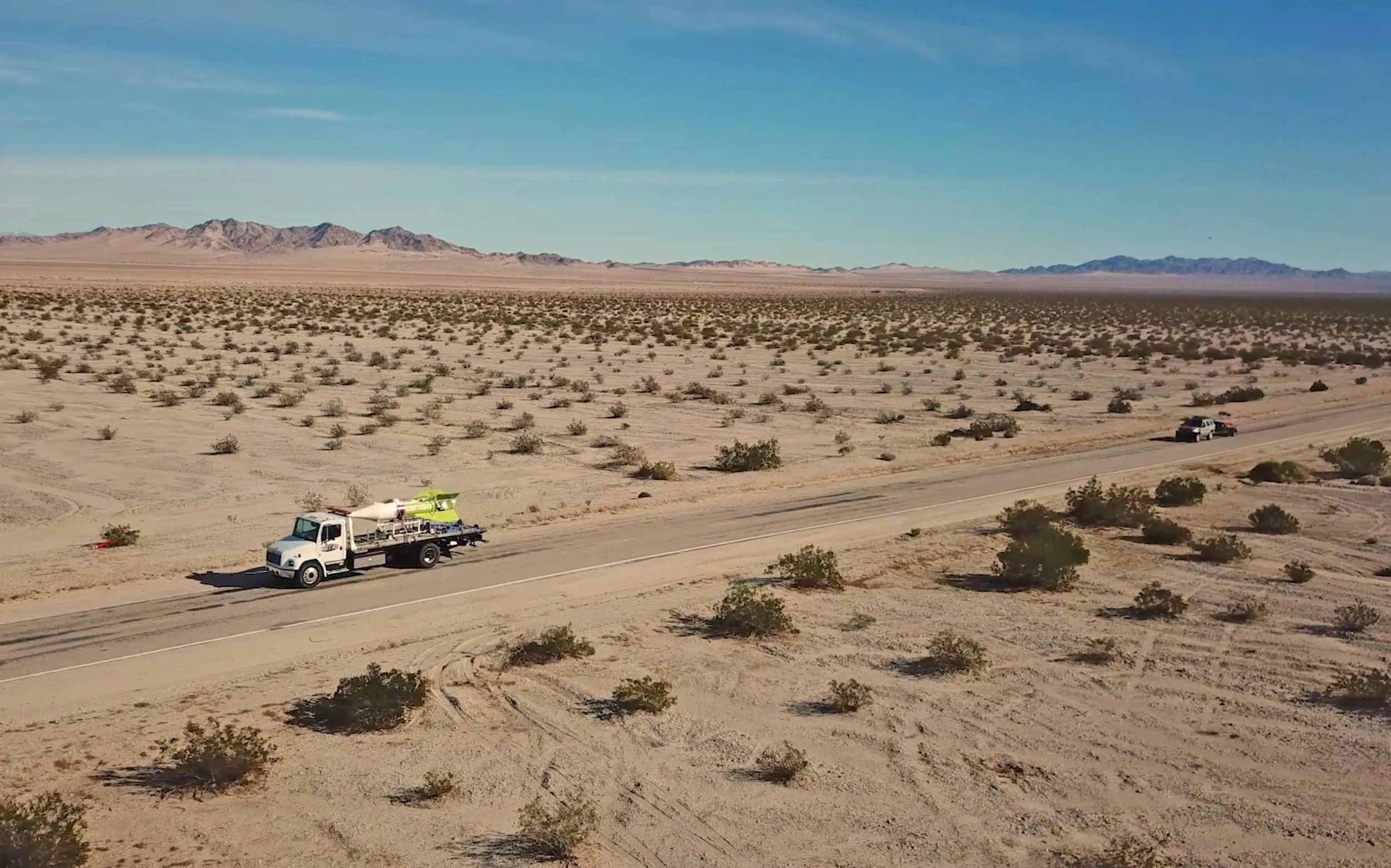 Transporting the flat-Earth rocket to Amboy.