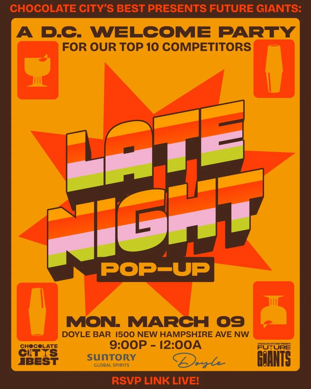 ✨ FUTURE GIANTS LATE NIGHT PARTIES ✨

Join us next week as we take the Future Giants top 10 out on the town! 

First on Monday, March 9th, we&rsquo;ll be finishing our night with delicious @suntoryglobalspirits cocktails made at the gorgeous @doyleba