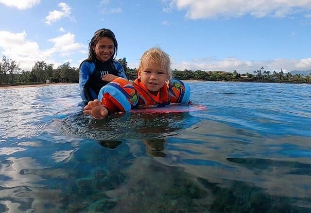 Perfect Kahana sized waves today . He had the best time riding waves on his belly with his sister , with me and also with Ken , he would just bounce around on each of our boards . 
Excited to begin the journey of surfing all over again with him ✨❤️