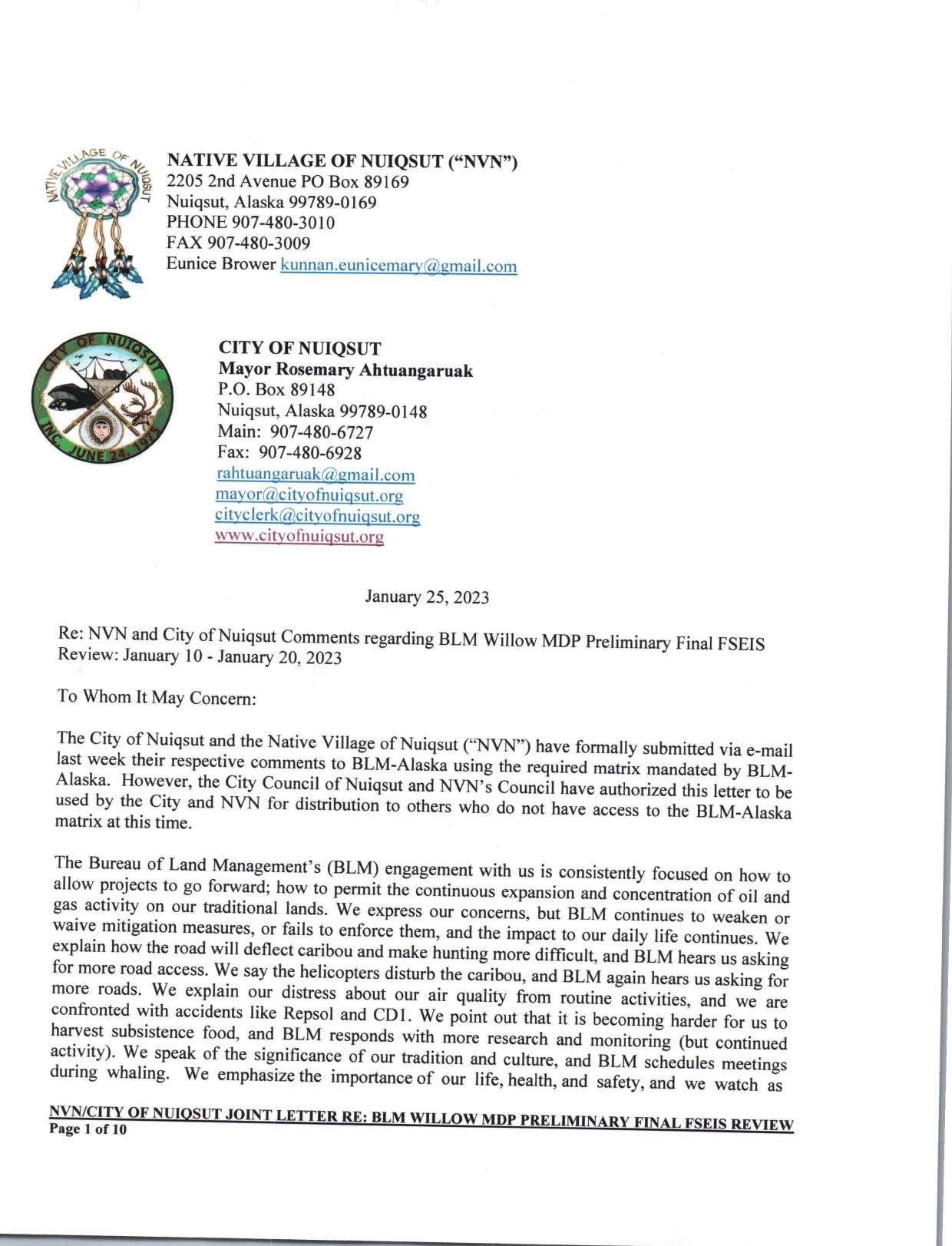 Native Village of Nuiqsut &amp; City of Nuiqsut Joint Statement