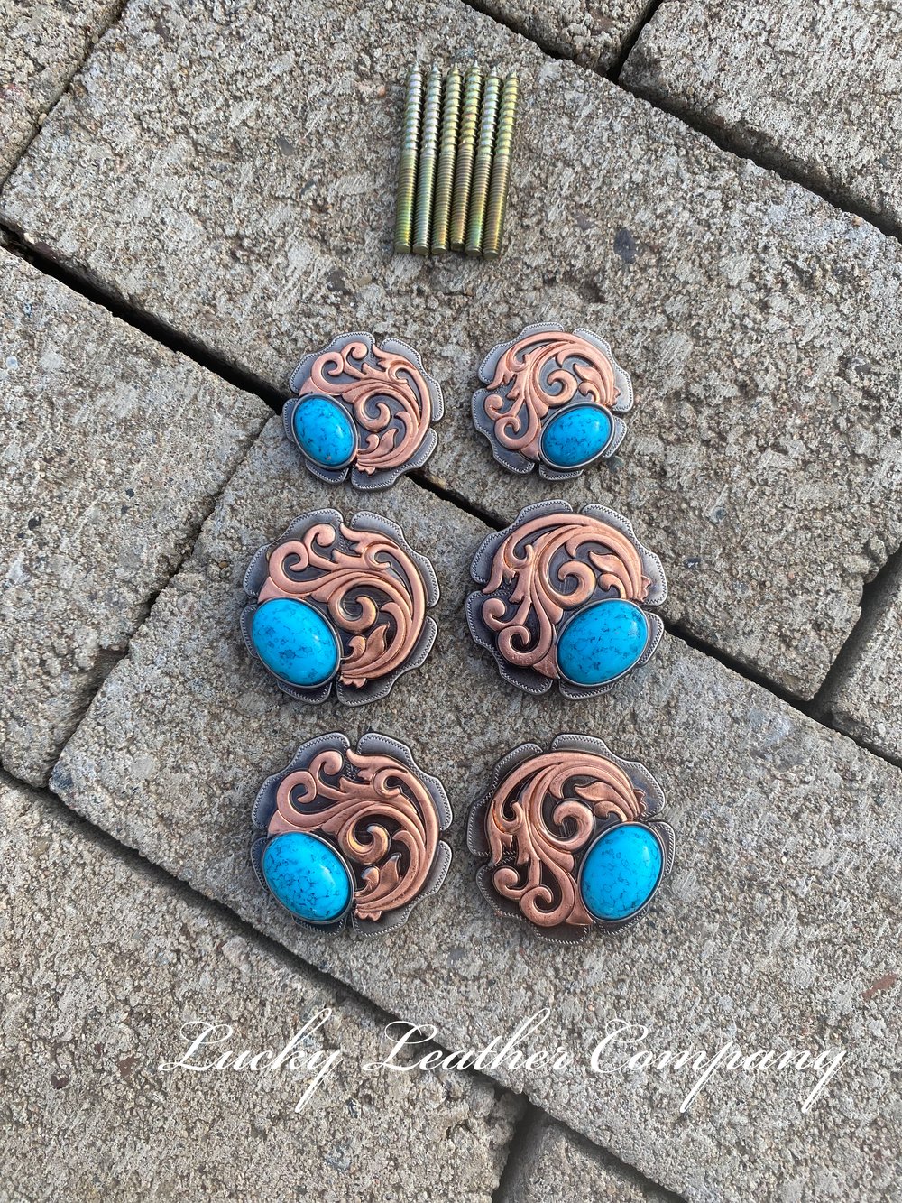 Antique Copper & Turquoise Conchos — Lucky Leather Company