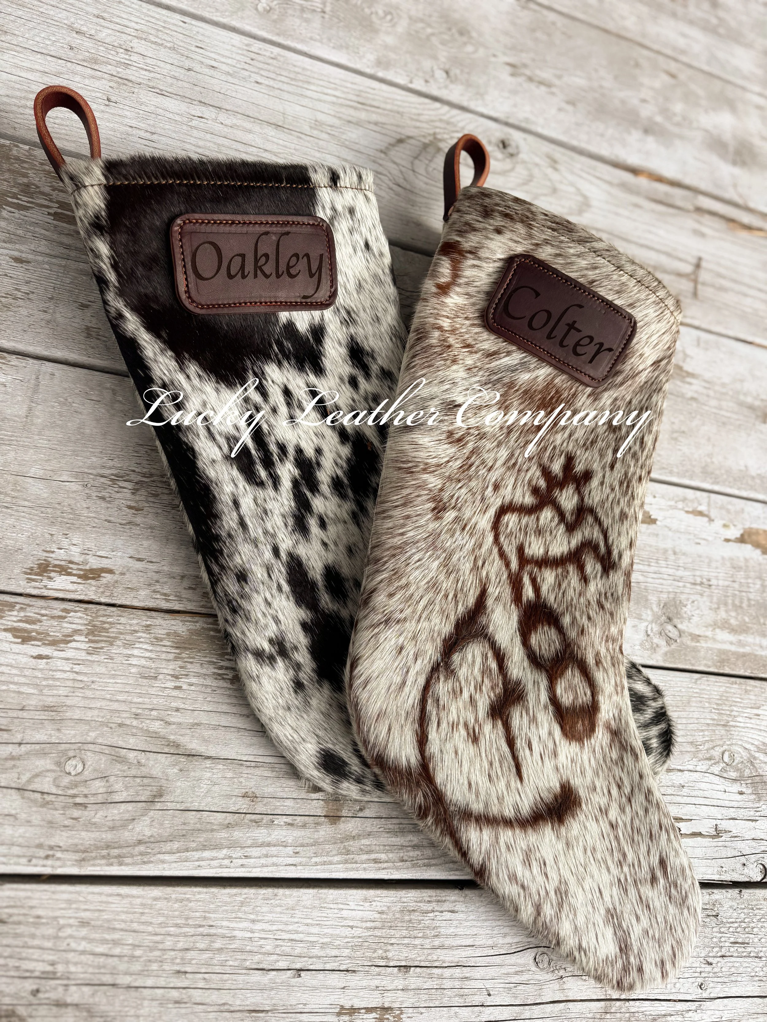 Genuine Double Sided Cowhide Christmas Stockings, USA Made, Custom Name