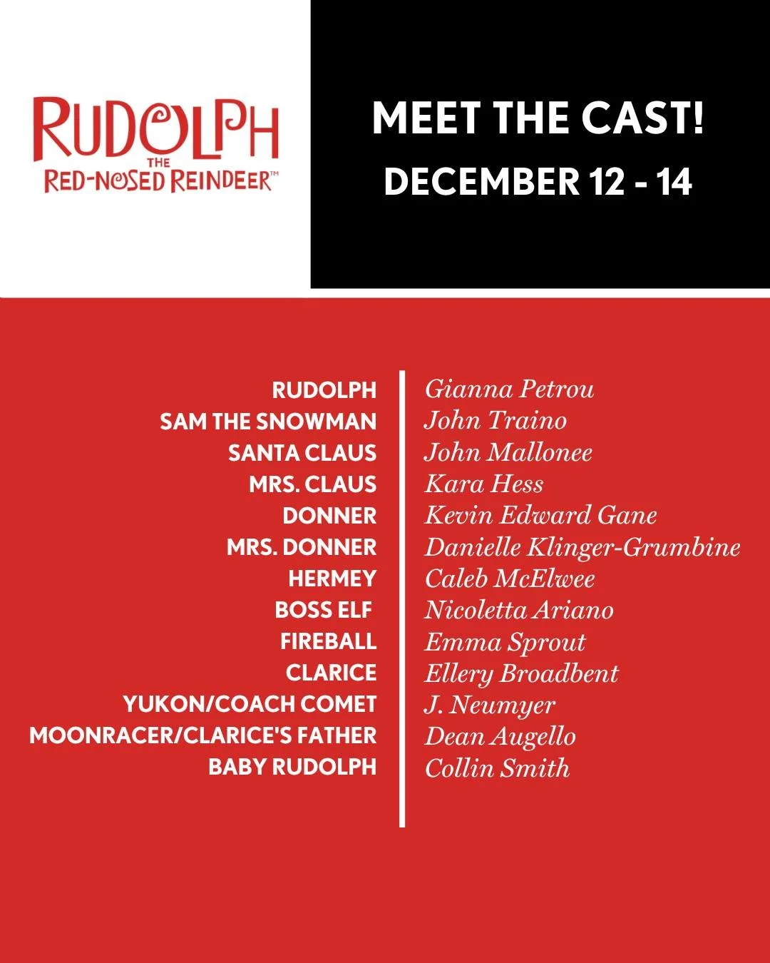 Announcing the cast of RUDOLPH THE RED NOSED REINDEER, running 12/12-12/14 at Hershey Area Playhouse! Get tickets now at hap.ludus.com.