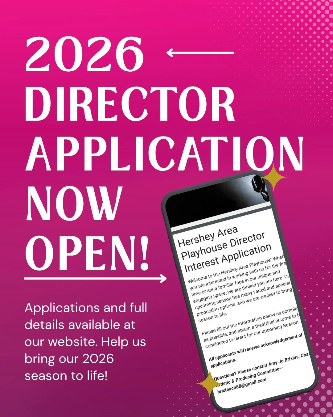🎭 Directors, this one&rsquo;s for you!

Help us bring our 2026 season to life at Hershey Area Playhouse. ✨
We&rsquo;re ready for your ideas &mdash; are you ready for the stage?

👉 Apply now at link in bio or below!

#HersheyAreaPlayhouse #HAP2026Se