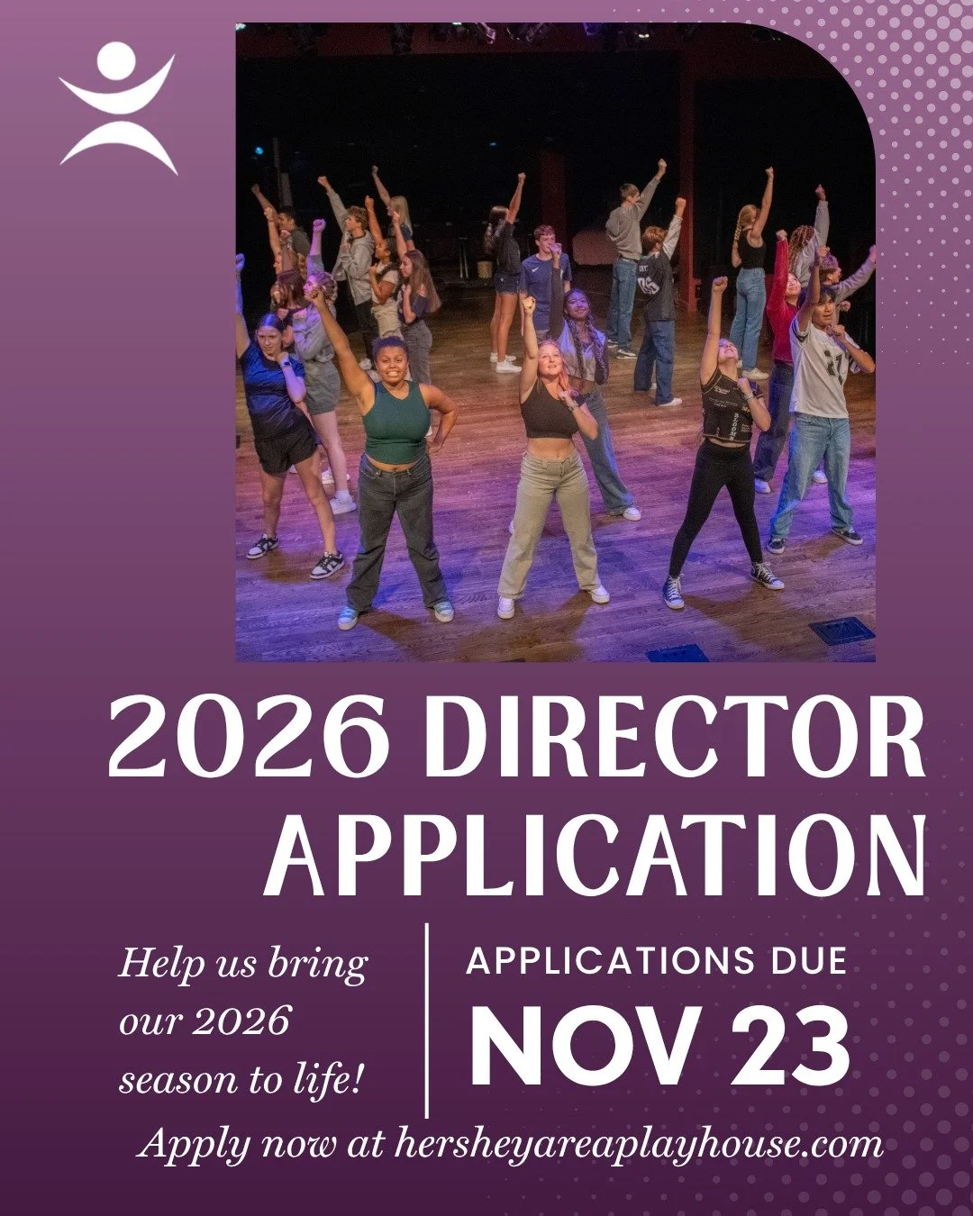 ✨ Calling all directors! ✨
Bring your creative vision to life at the Hershey Area Playhouse. We&rsquo;re now accepting applications for our 2026 season &mdash; featuring an incredible lineup of shows and opportunities to make an impact on our stage.
