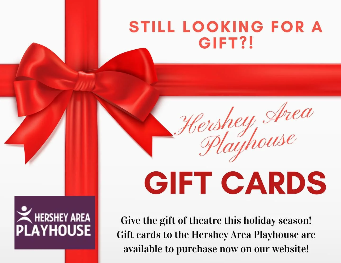 🎄✨ Still Need a Perfect Christmas Gift? ✨🎄

Skip the socks and give something unforgettable this year! 🎭
Hershey Area Playhouse Gift Cards are the perfect way to share laughter, music, and memorable nights out.

🎁 Easy to give
🎟️ Fun to use
❤️ S