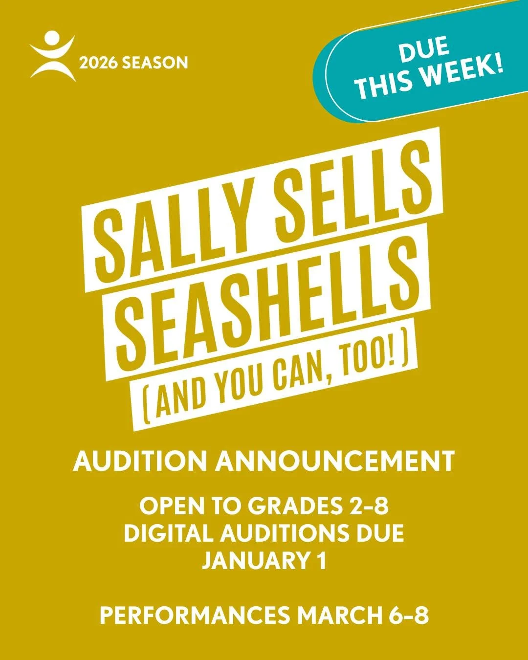 ⏰ DUE THIS WEEK!
Auditions are open for Sally Sells Seashells (And You Can, Too!)
🎭 Grades 2&ndash;8 📩 Digital auditions due January 1
Performances March 6&ndash;8
🔗 Link in bio