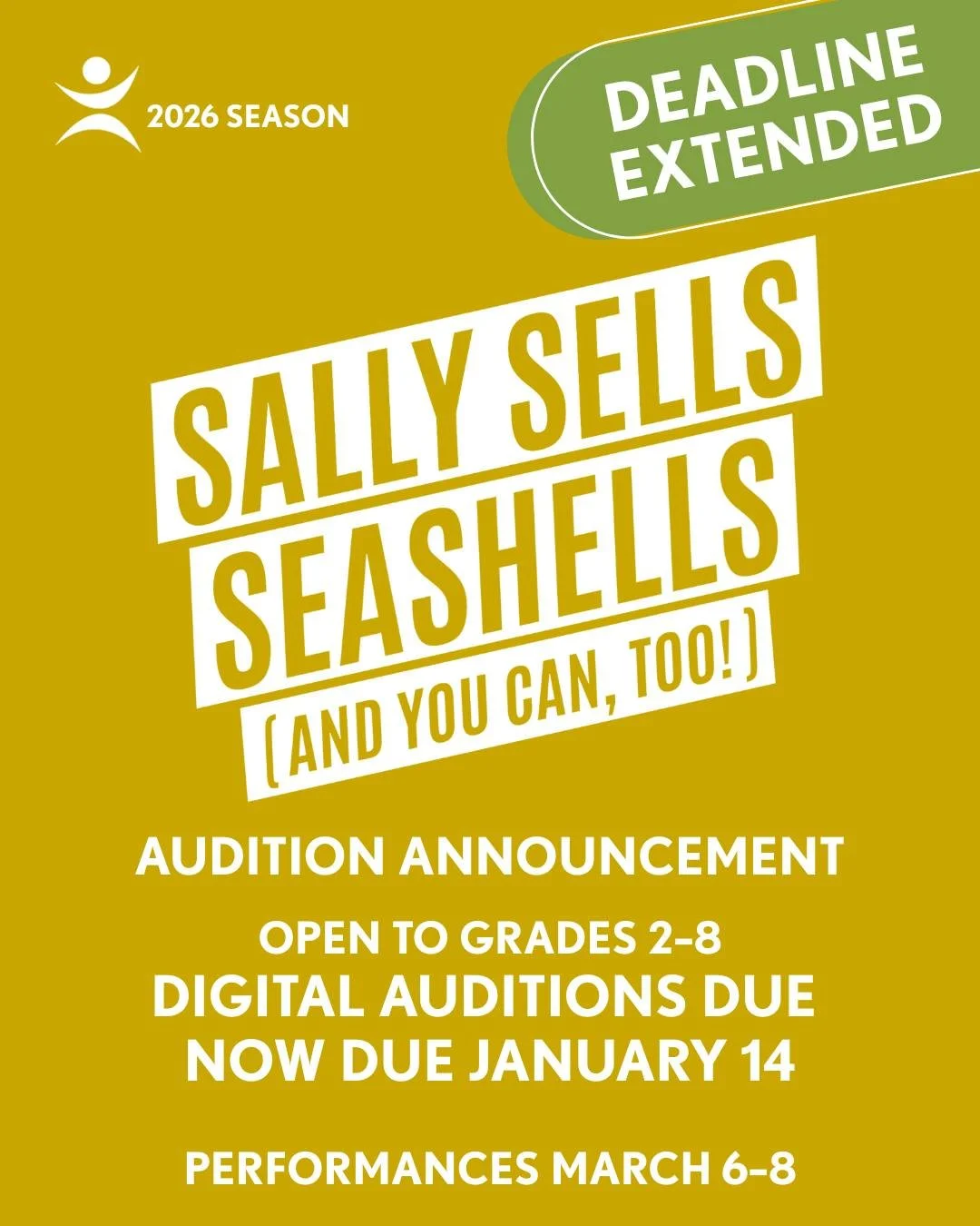 ✨ More time to jump in! ✨
Auditions for Sally Sells Seashells (And You Can, Too!) are still open!
Perfect for students in grades 2&ndash;8 who love to create, imagine, and perform. 
Digital auditions due January 14 &bull; Performances March 6&ndash;8