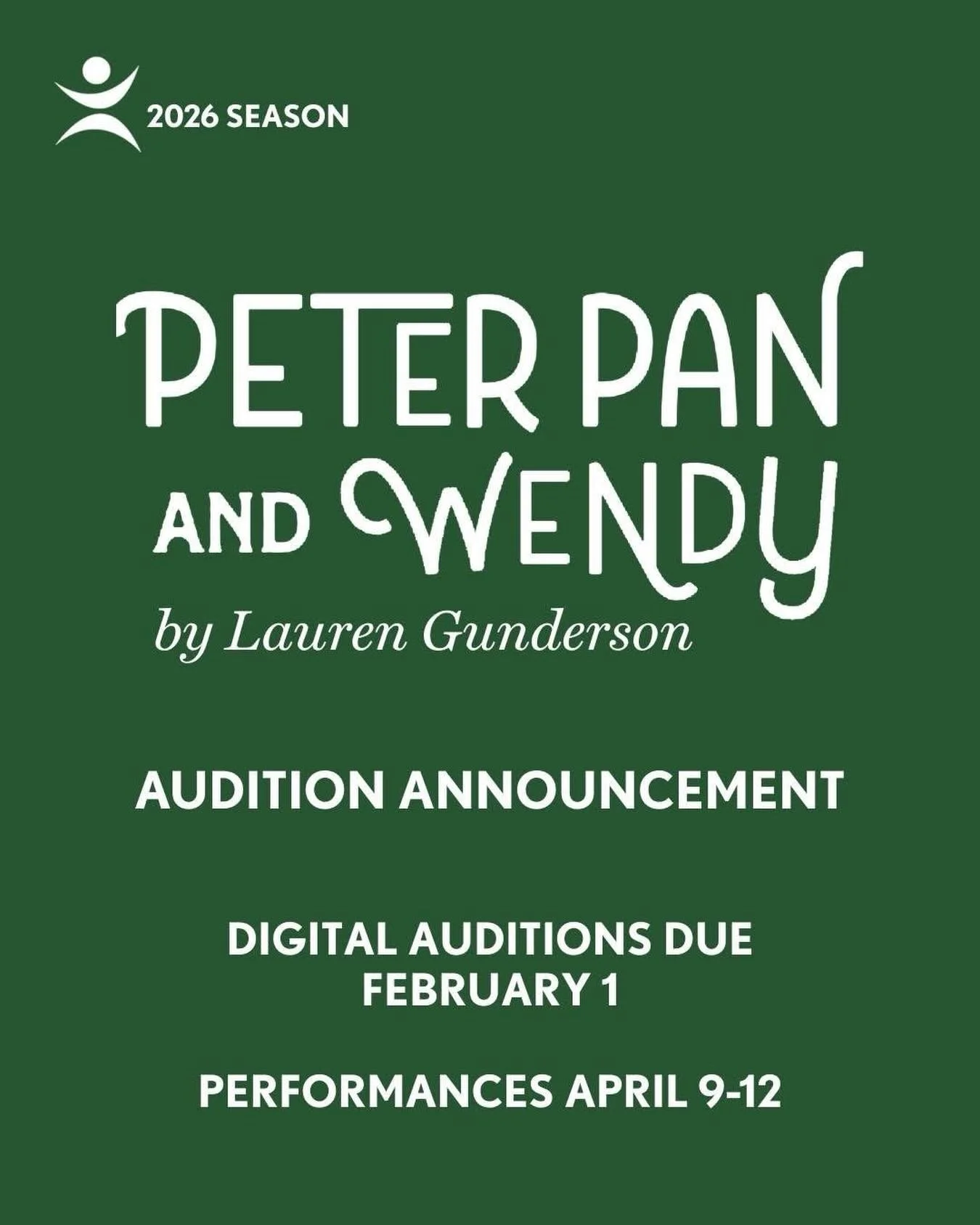 Auditions are now open for Peter Pan and Wendy by Lauren Gunderson, the second production of our 2026 season. 

This intimate, story-driven retelling invites actors to explore imagination, growing up, and the pull between holding on and letting go.

