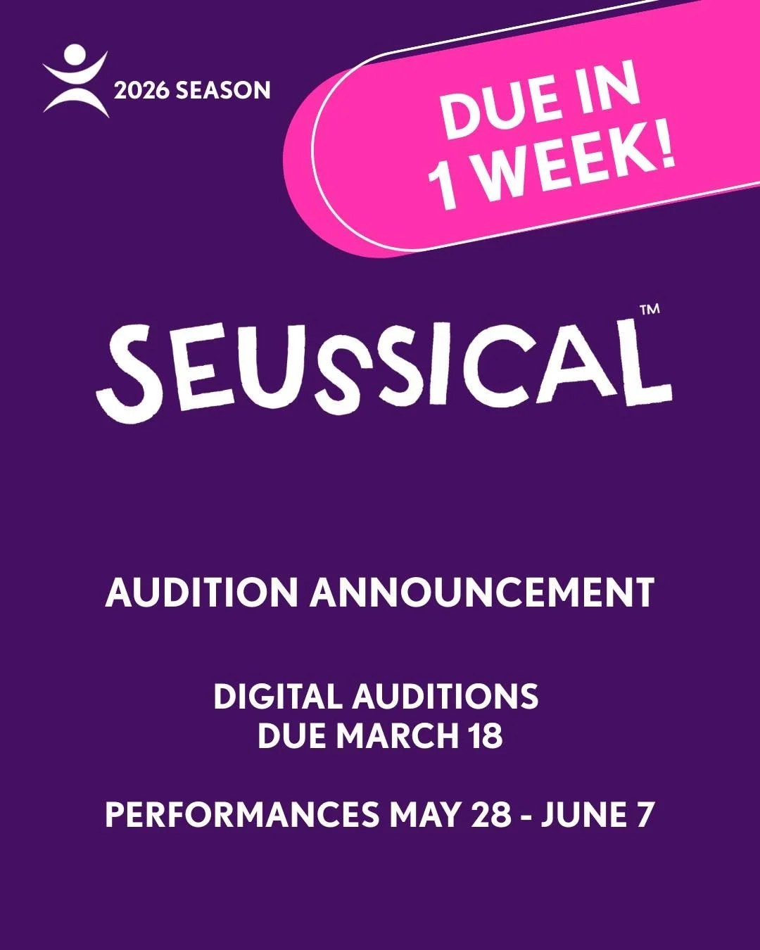 1 WEEK LEFT TO AUDITION

Oh the place you'll go and the stories you'll tell!
The world of Seussical is waiting as well.

The Jungle of Nool and Whoville await
Come sing, come imagine, before it's too late.

Digital auditions due March 18th | Performa