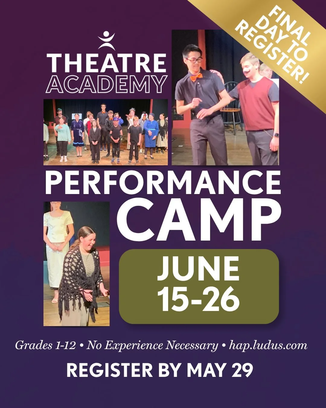 Today is the last day to register for our June Performance Camp! Open to new and returning students in 1st grade through 12th grade, each student will have the opportunity to audition, be cast in the show, memorize lines, learn blocking and staging, 
