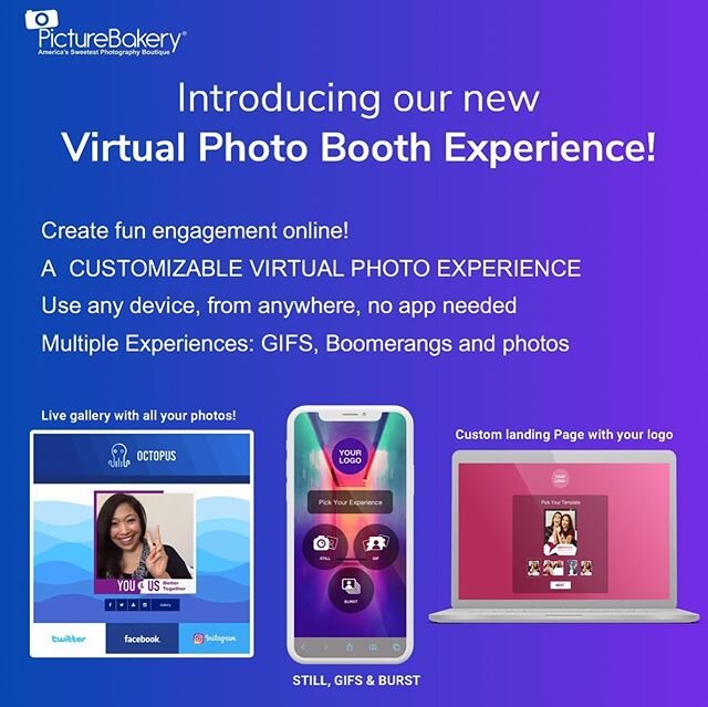 We are so excited to announce, our new Virtual Photobooth experience! 
A perfect way to spice up your next virtual event, happy hour, or conference. 📸📱💻
Create fun selfies (GIFS, photos, or your favorite boomerang) on your phone or computer, and s