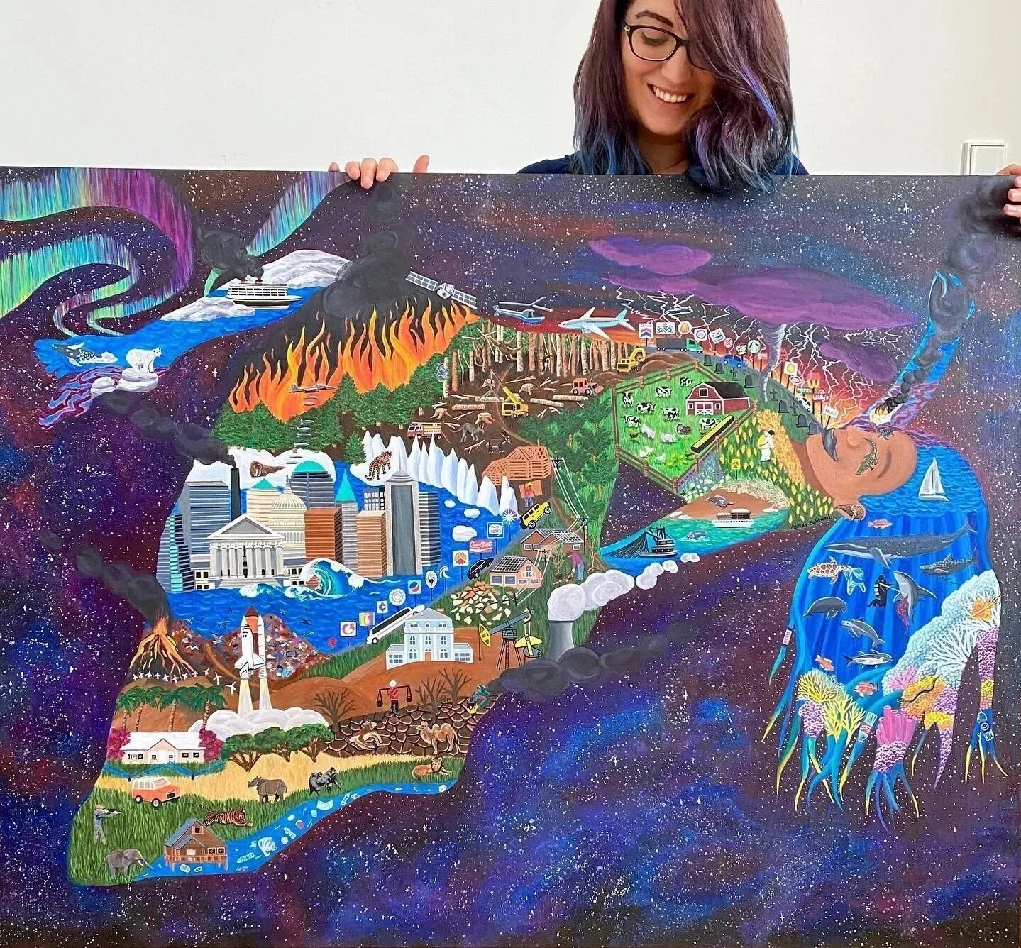  “Lady Earth and Mankind”  2016 - 2020. Acrylic on canvas, 4 ft. X 3 ft.  ———————————————  This painting is a snapshot of life on Earth right now and how our actions are not only impacting our planet, but every living being in the world.  Inside the 